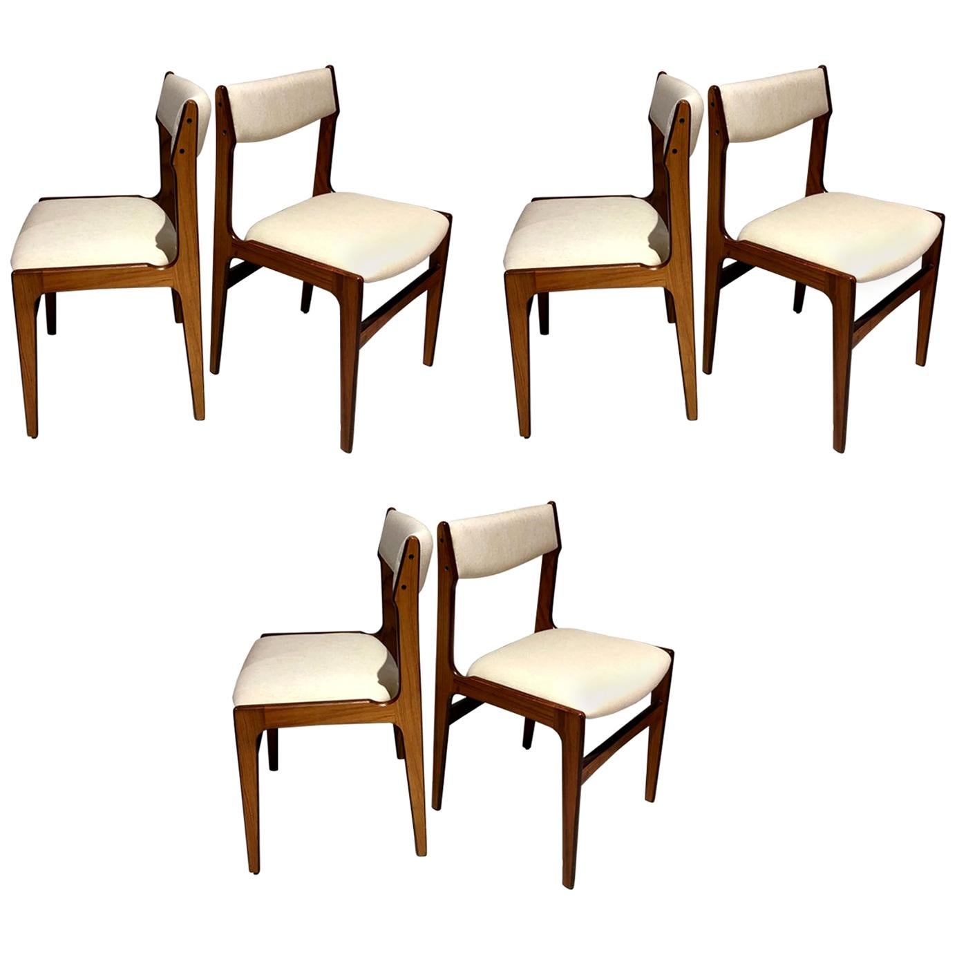 Set of Six Danish Modern Wooden Dining Chairs with White Covers
