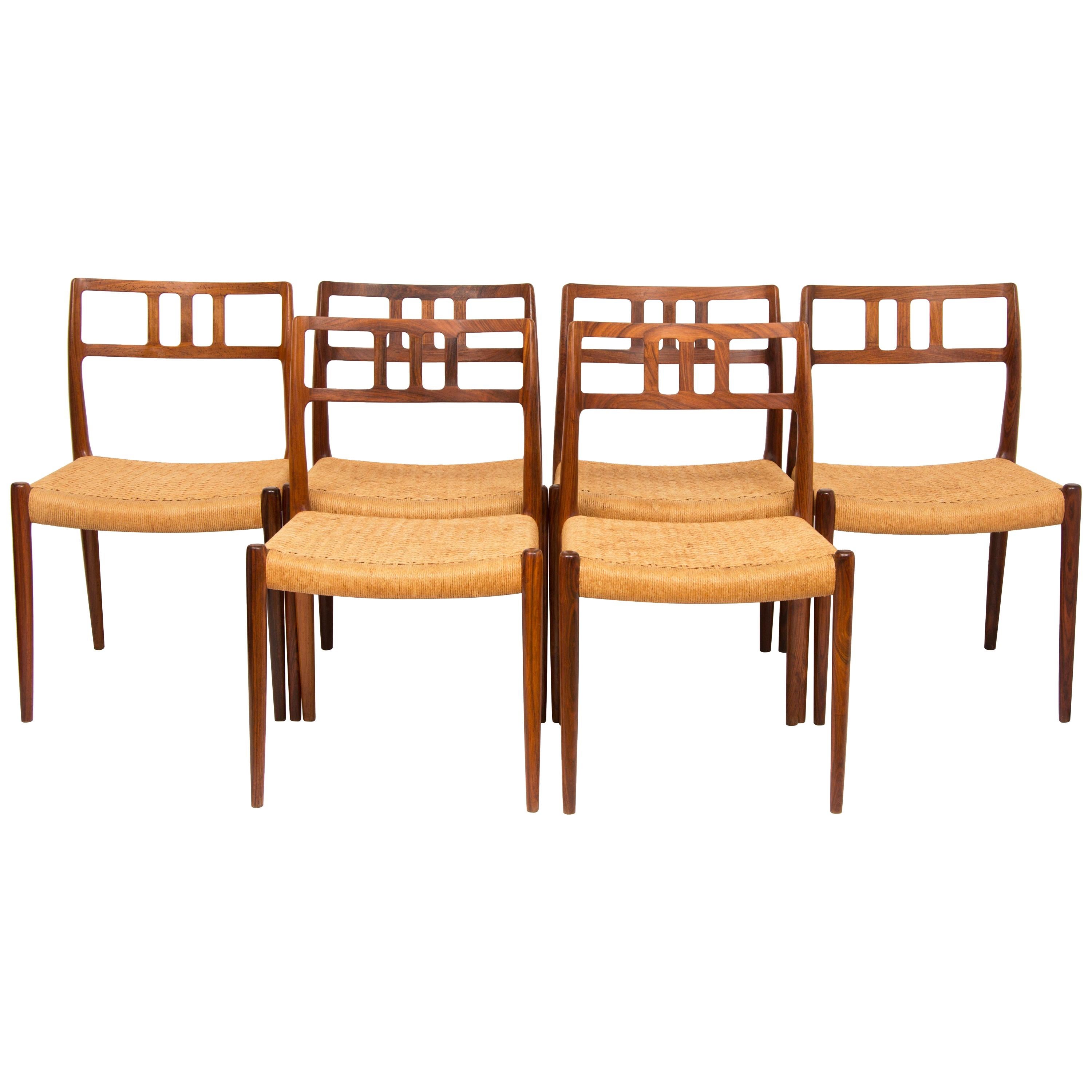 Set of Six Danish Niels Moller Rosewood Model 79 Dining Chairs with Cord Seats