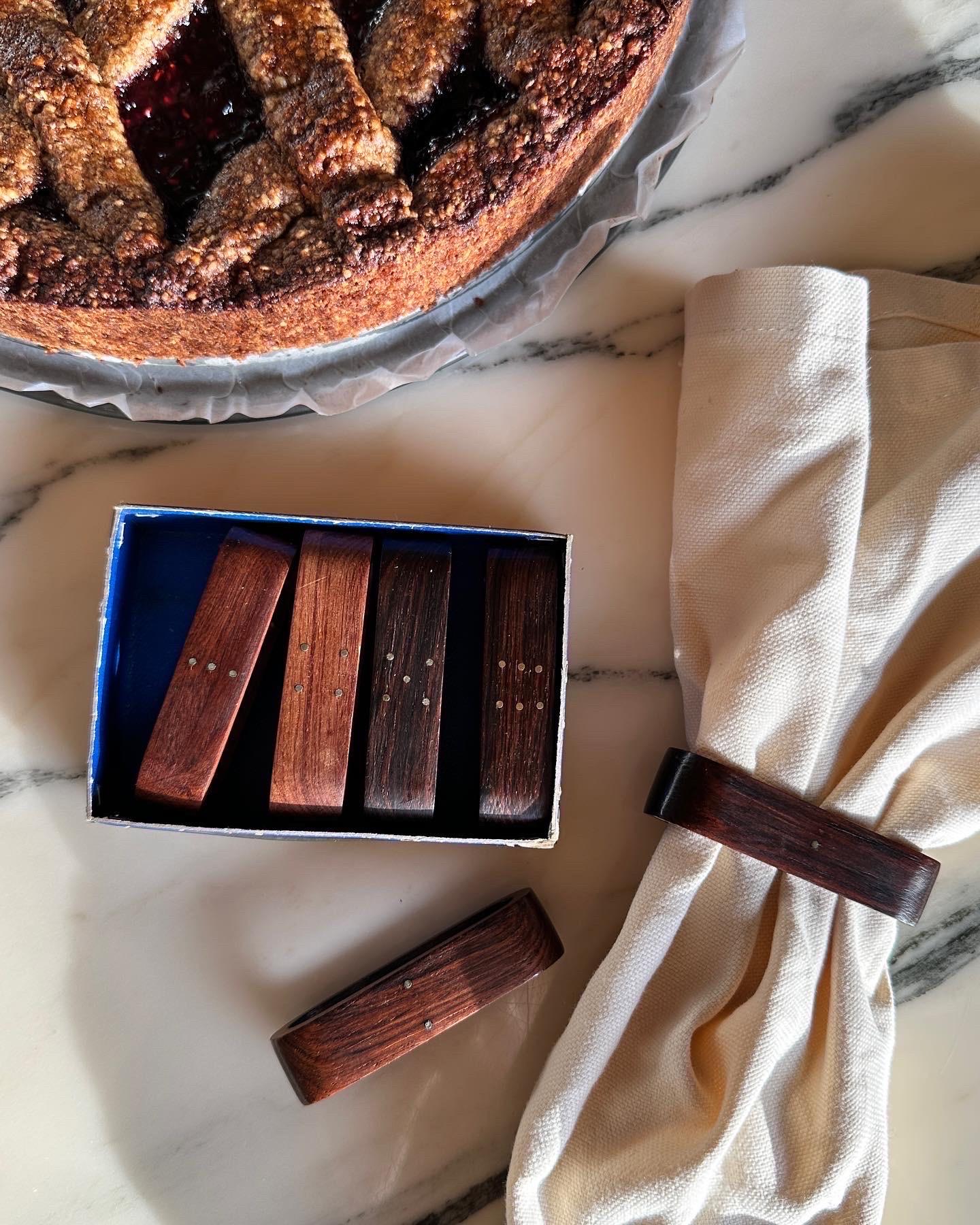 Set of Six Danish Rosewood Napkin Rings Brass Numbers Denmark 1960s 4