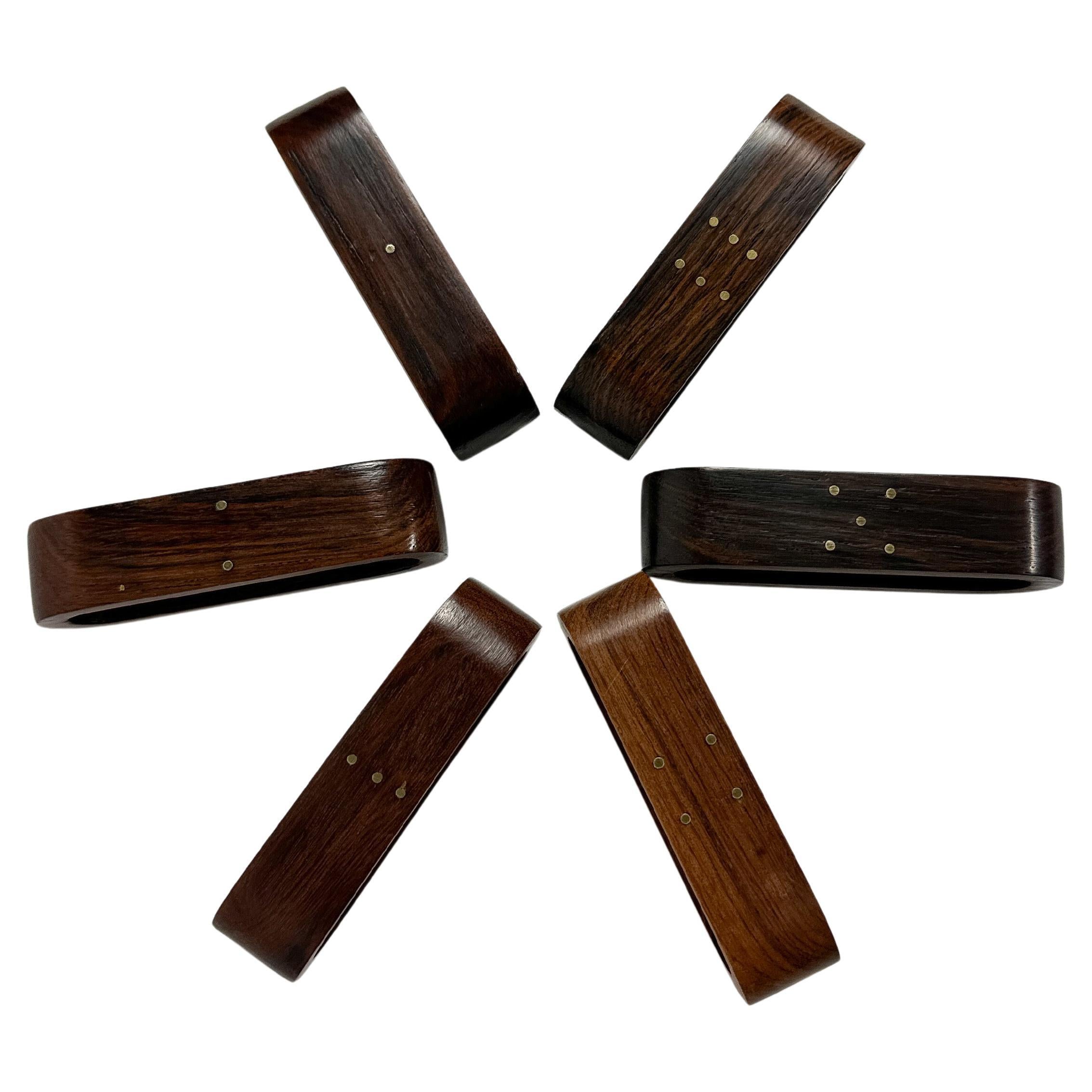 Scandinavian Modern Set of Six Danish Rosewood Napkin Rings Brass Numbers Denmark 1960s