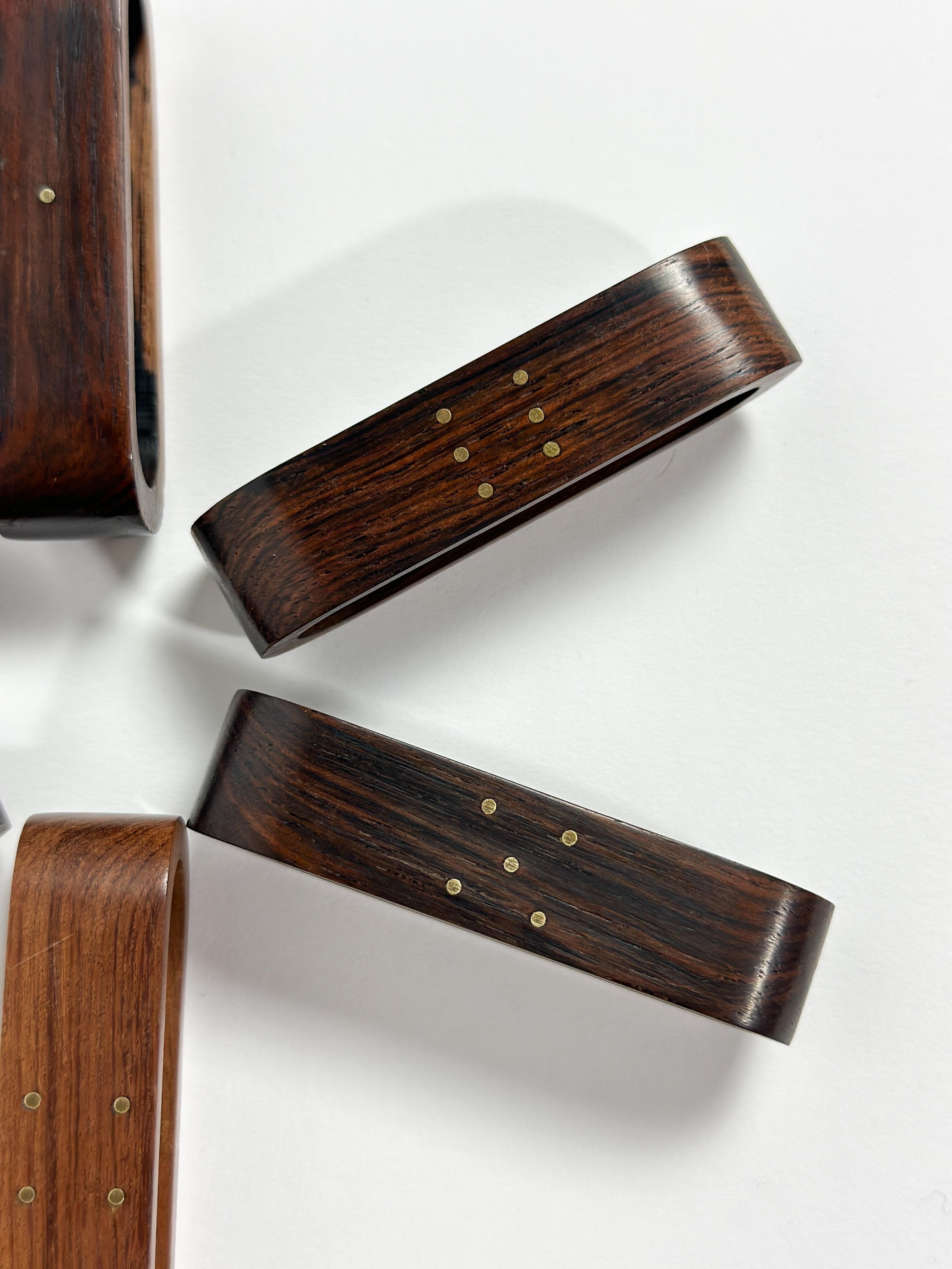 Mid-20th Century Set of Six Danish Rosewood Napkin Rings Brass Numbers Denmark 1960s