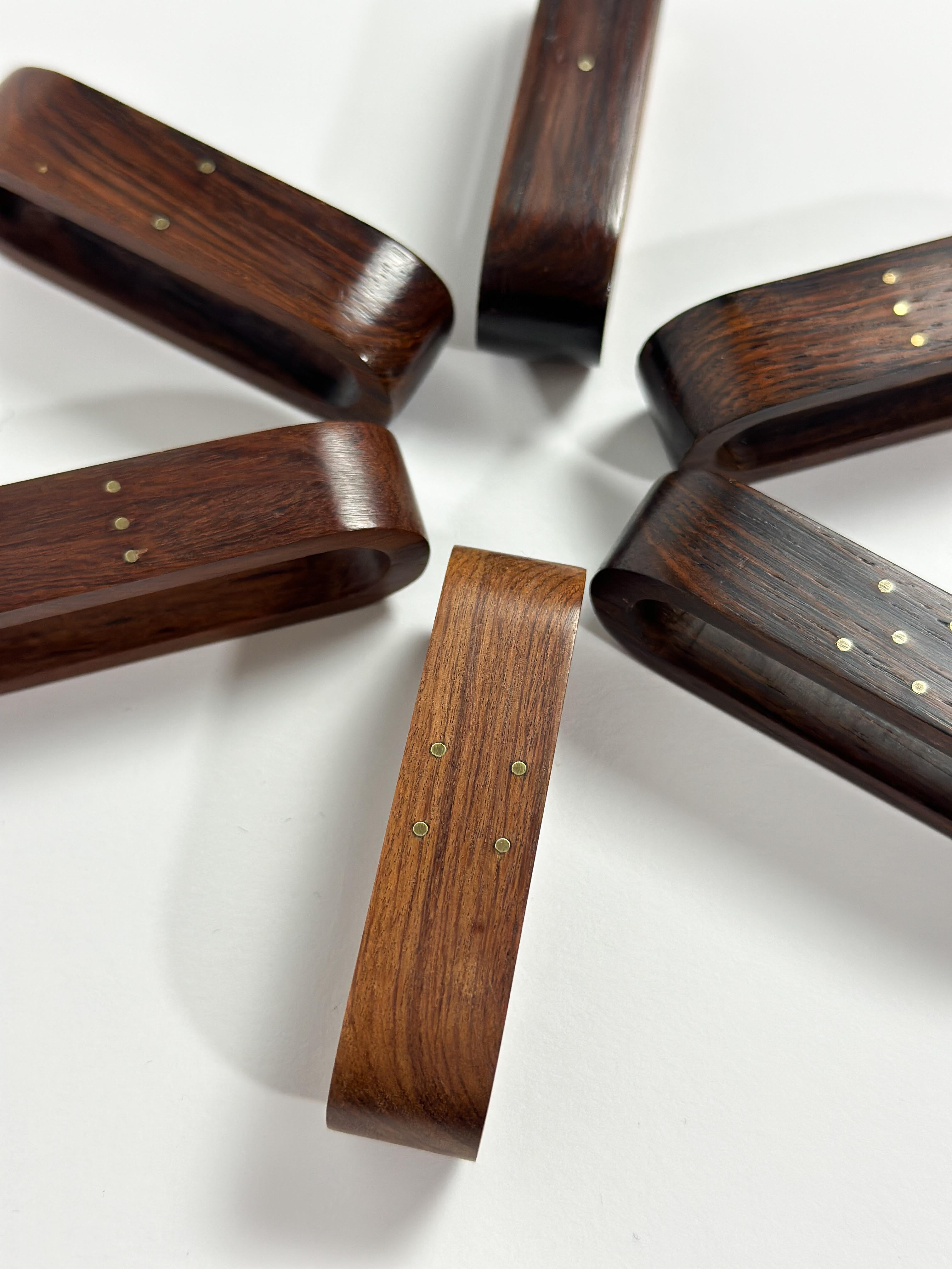 Set of Six Danish Rosewood Napkin Rings Brass Numbers Denmark 1960s 1