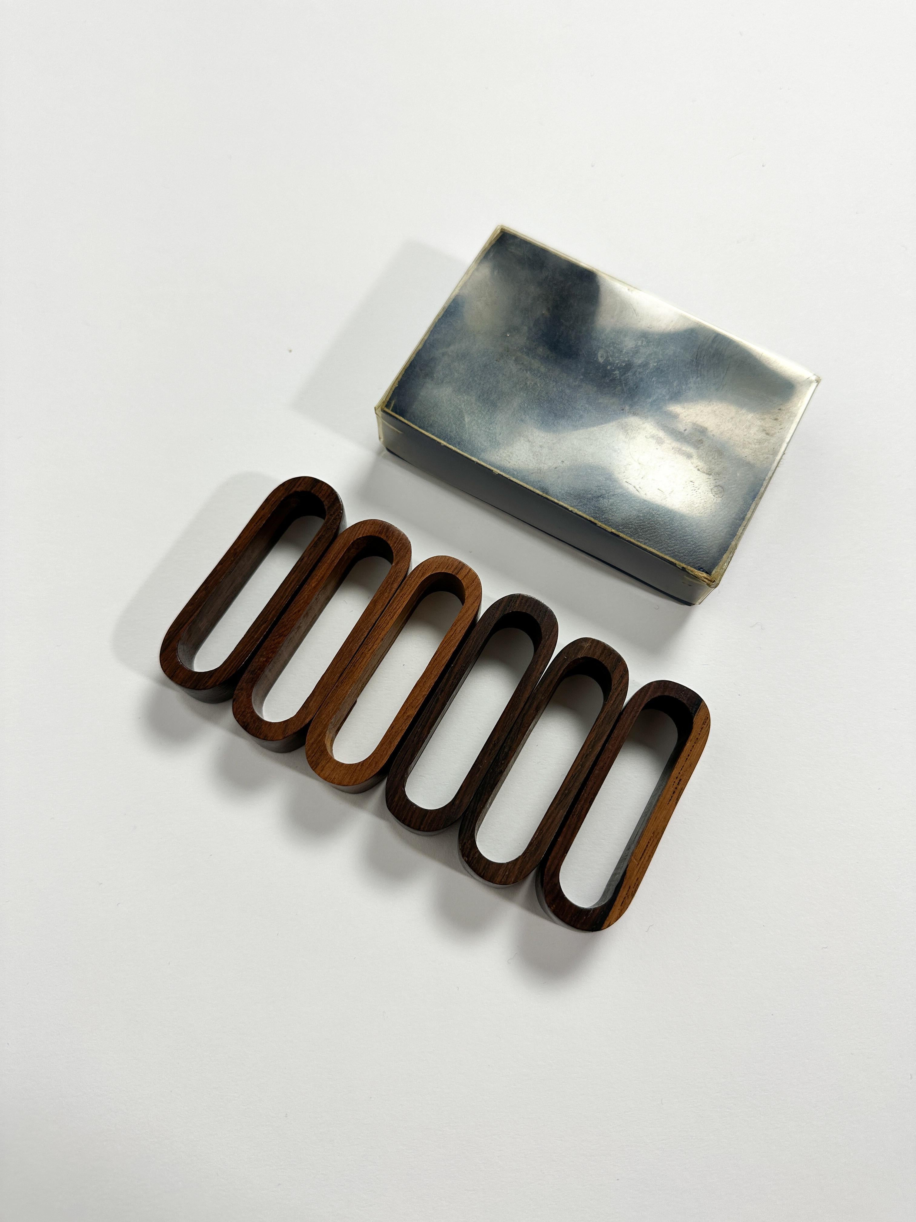 Set of Six Danish Rosewood Napkin Rings Brass Numbers Denmark 1960s 2