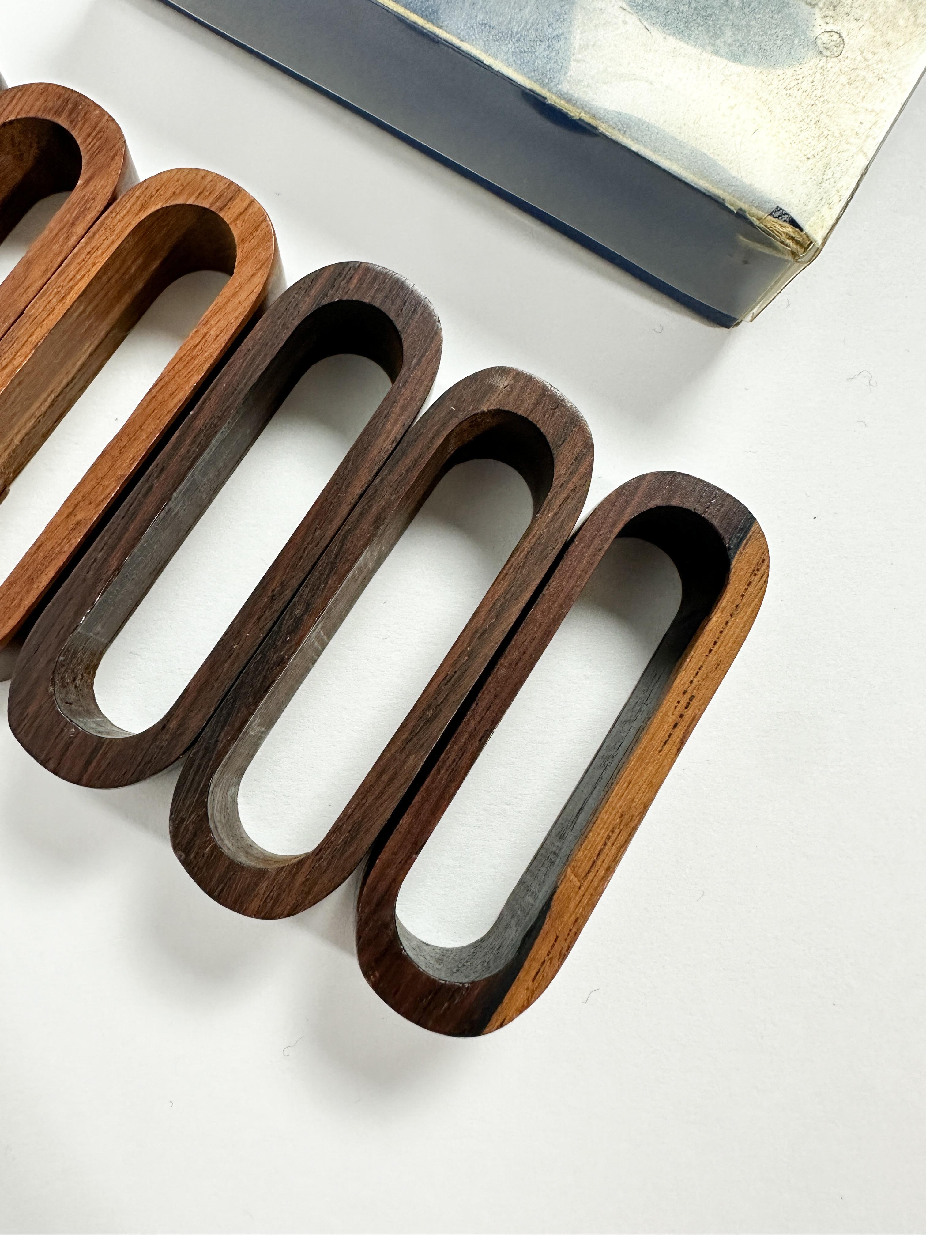 Set of Six Danish Rosewood Napkin Rings Brass Numbers Denmark 1960s 3