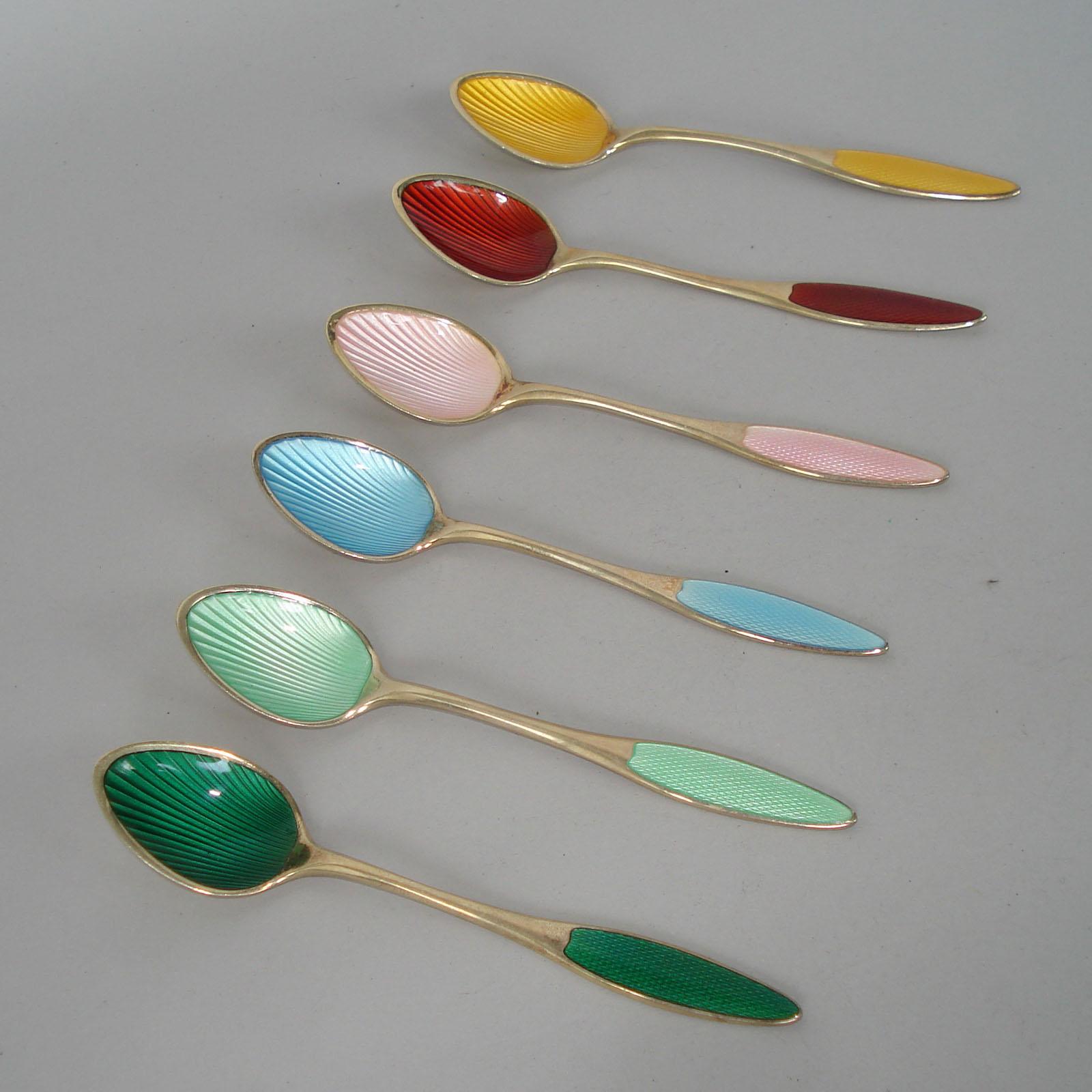 Set of Six Danish Spoons Sterling Silver with Polychrome Enamel, circa 1930 4