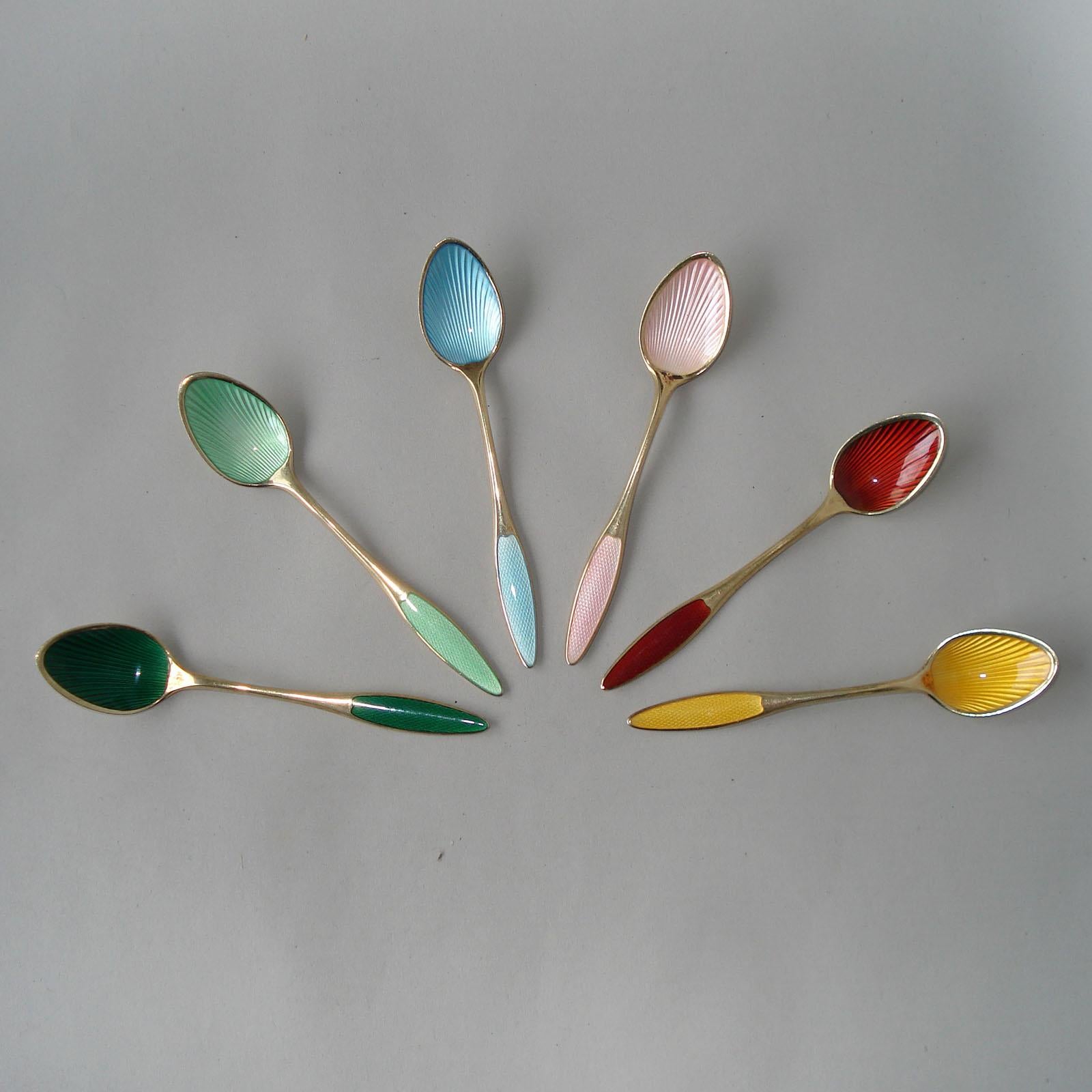Art Deco Set of Six Danish Spoons Sterling Silver with Polychrome Enamel, circa 1930