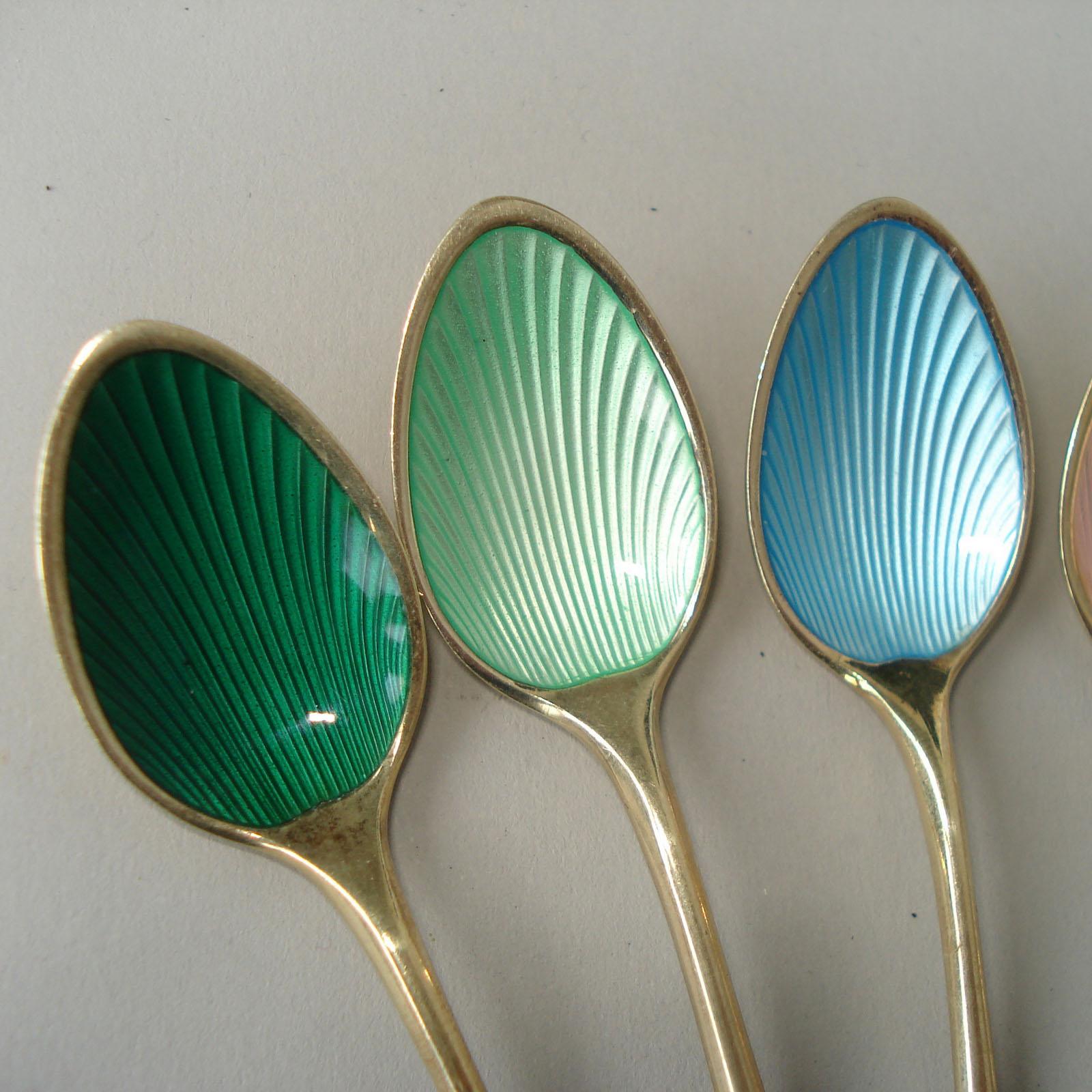 Gilt Set of Six Danish Spoons Sterling Silver with Polychrome Enamel, circa 1930
