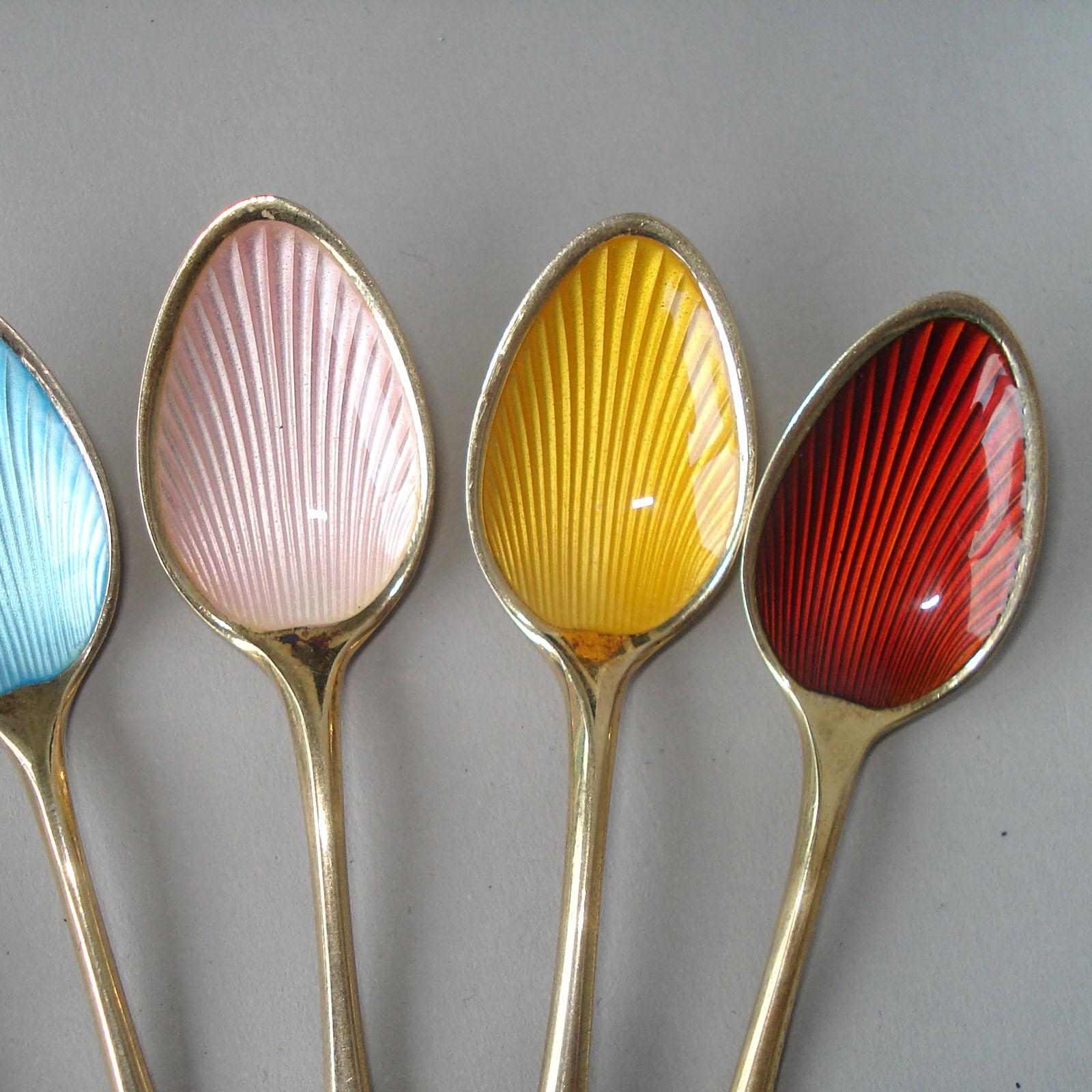 Set of Six Danish Spoons Sterling Silver with Polychrome Enamel, circa 1930 In Excellent Condition In Bochum, NRW