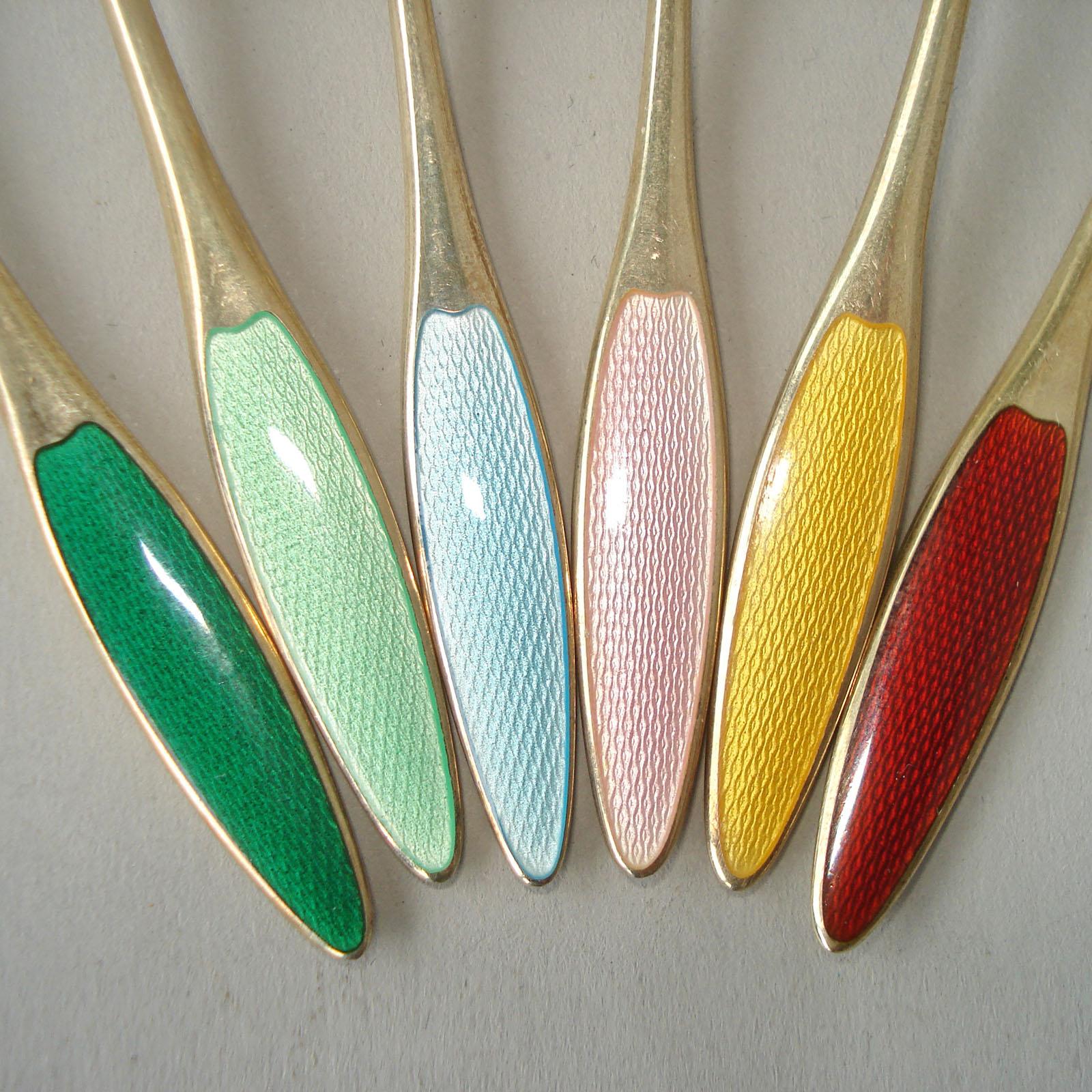Mid-20th Century Set of Six Danish Spoons Sterling Silver with Polychrome Enamel, circa 1930