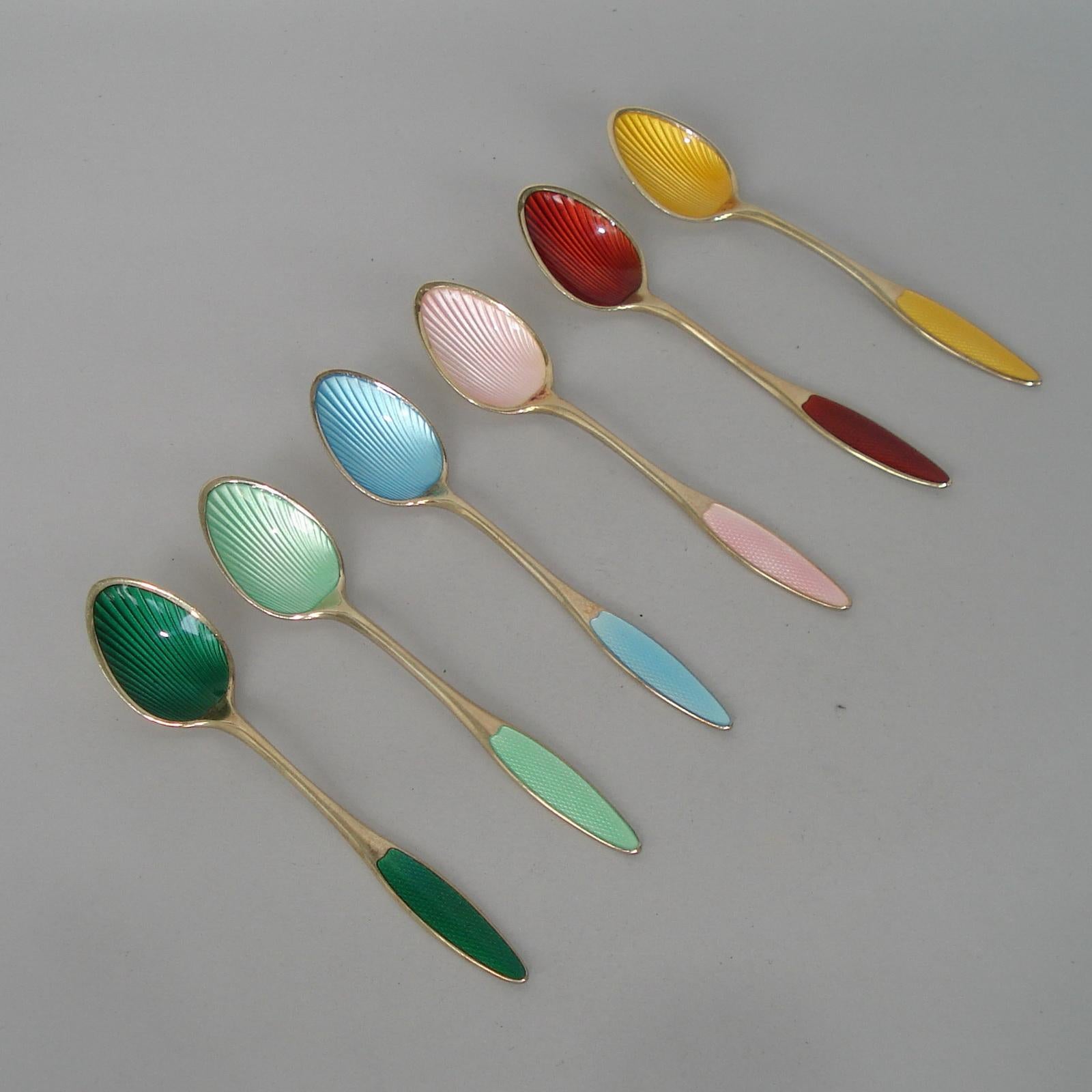 Set of Six Danish Spoons Sterling Silver with Polychrome Enamel, circa 1930 3