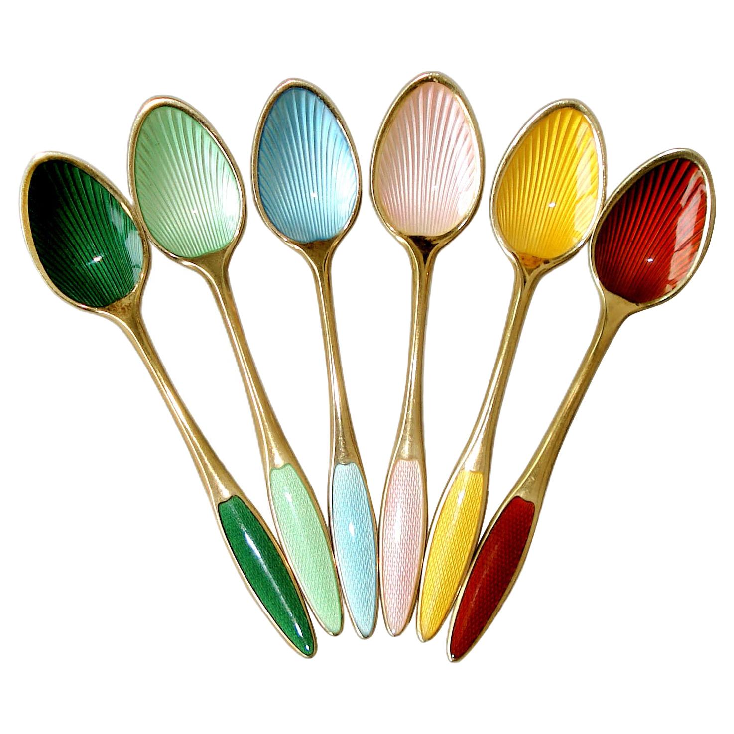 Set of Six Danish Spoons Sterling Silver with Polychrome Enamel, circa 1930