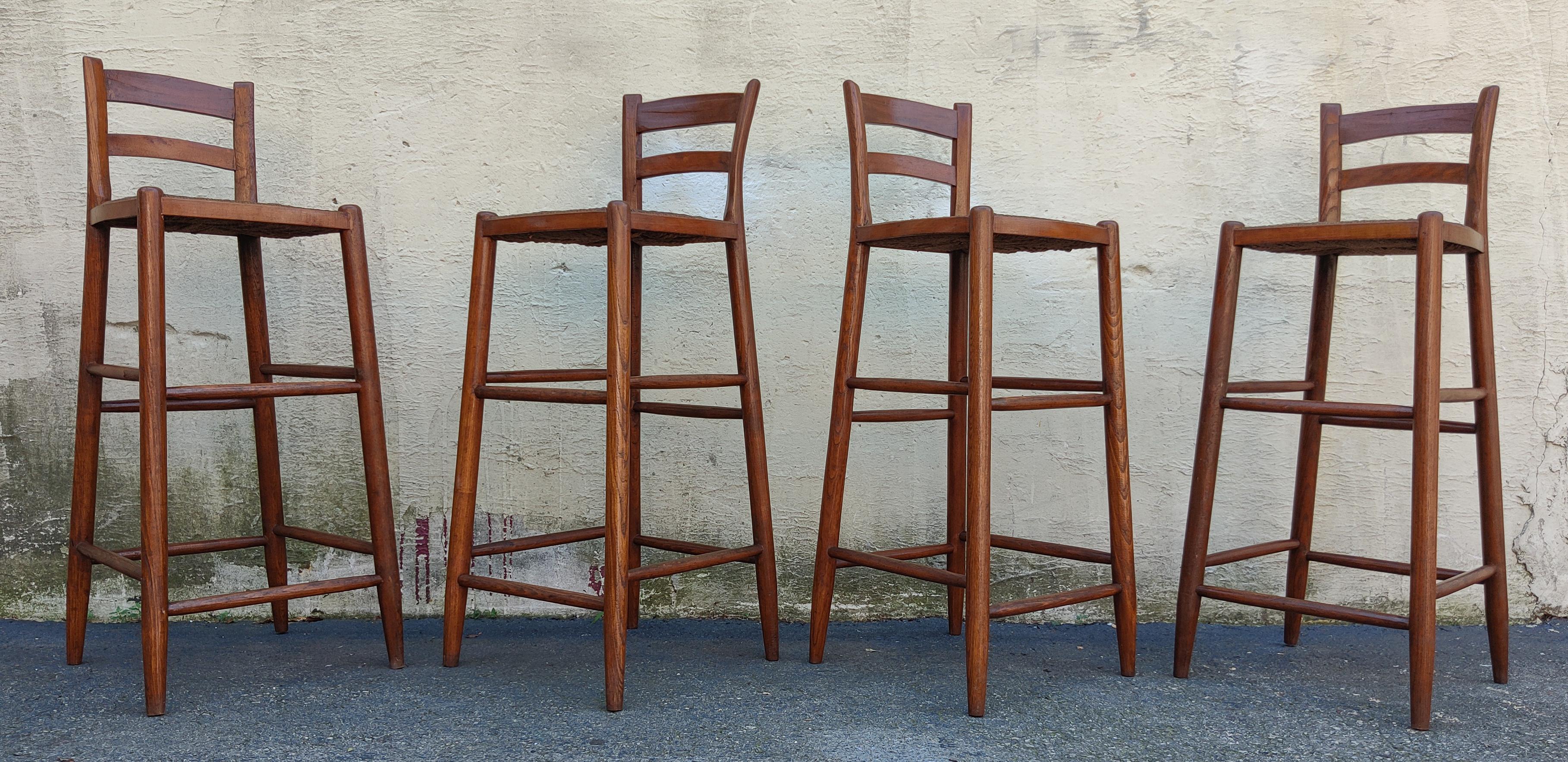 American Set of Six Danish Style Oak Frames, Teak Slats, Woven Rush Seats Stools 1970s
