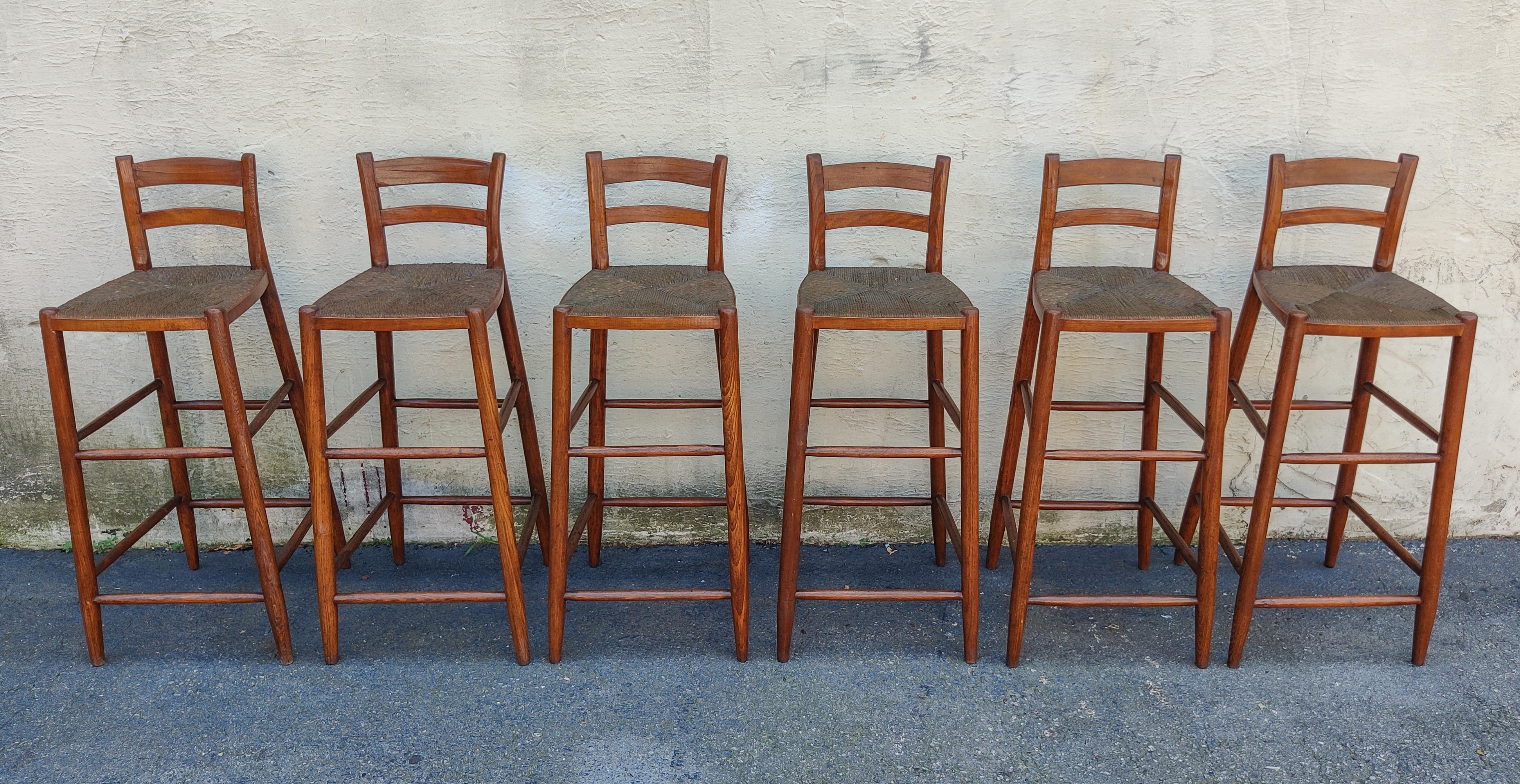 Stained Set of Six Danish Style Oak Frames, Teak Slats, Woven Rush Seats Stools 1970s