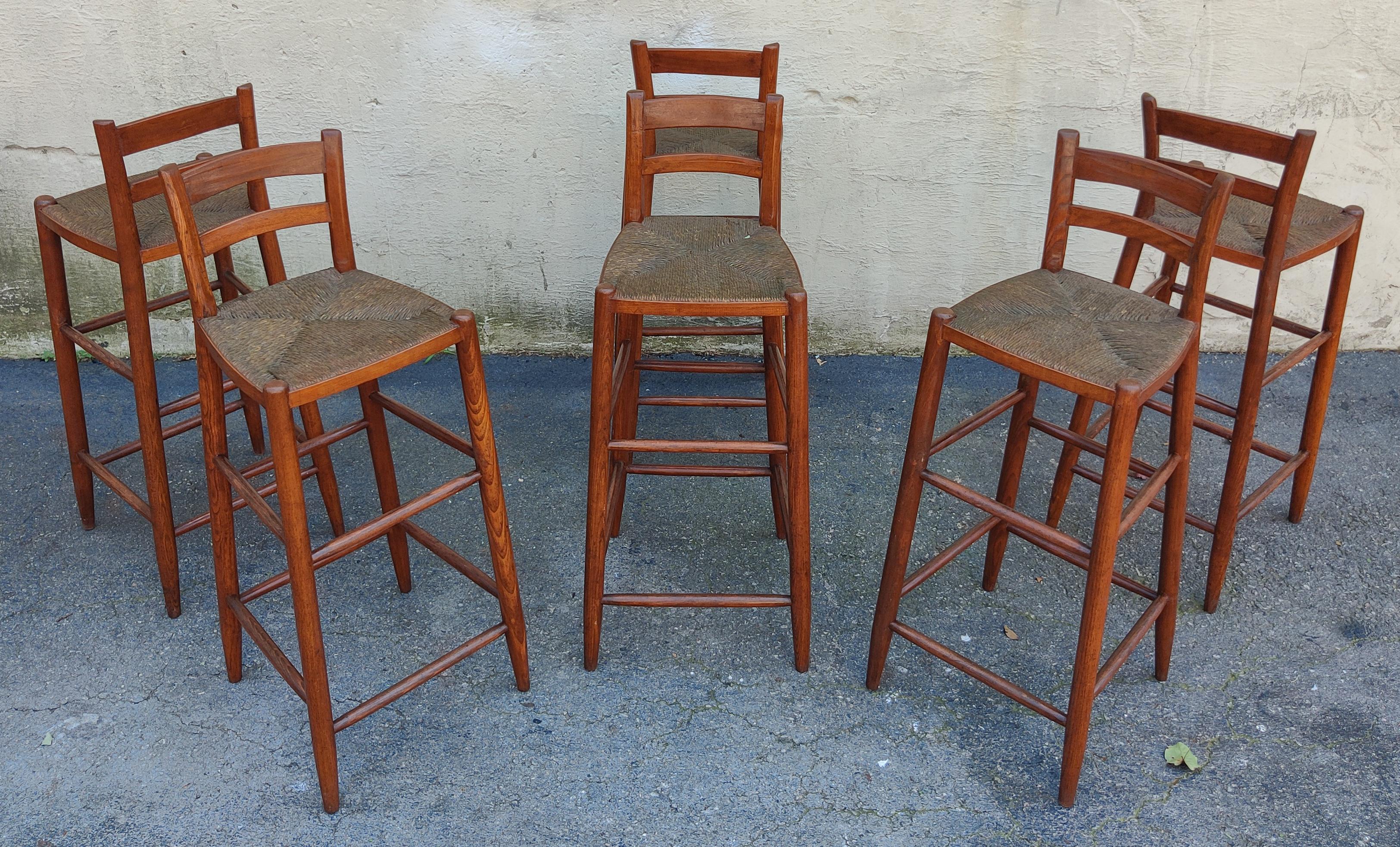 Set of Six Danish Style Oak Frames, Teak Slats, Woven Rush Seats Stools 1970s In Good Condition In Philadelphia, PA