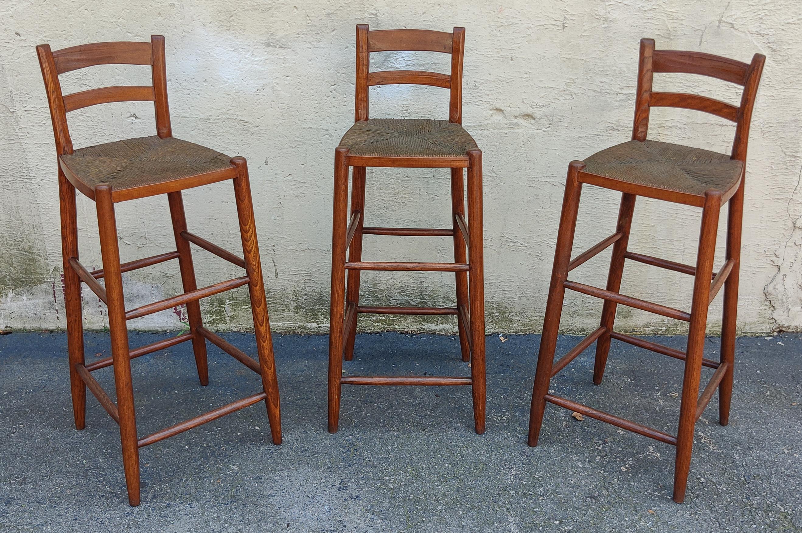 Late 20th Century Set of Six Danish Style Oak Frames, Teak Slats, Woven Rush Seats Stools 1970s