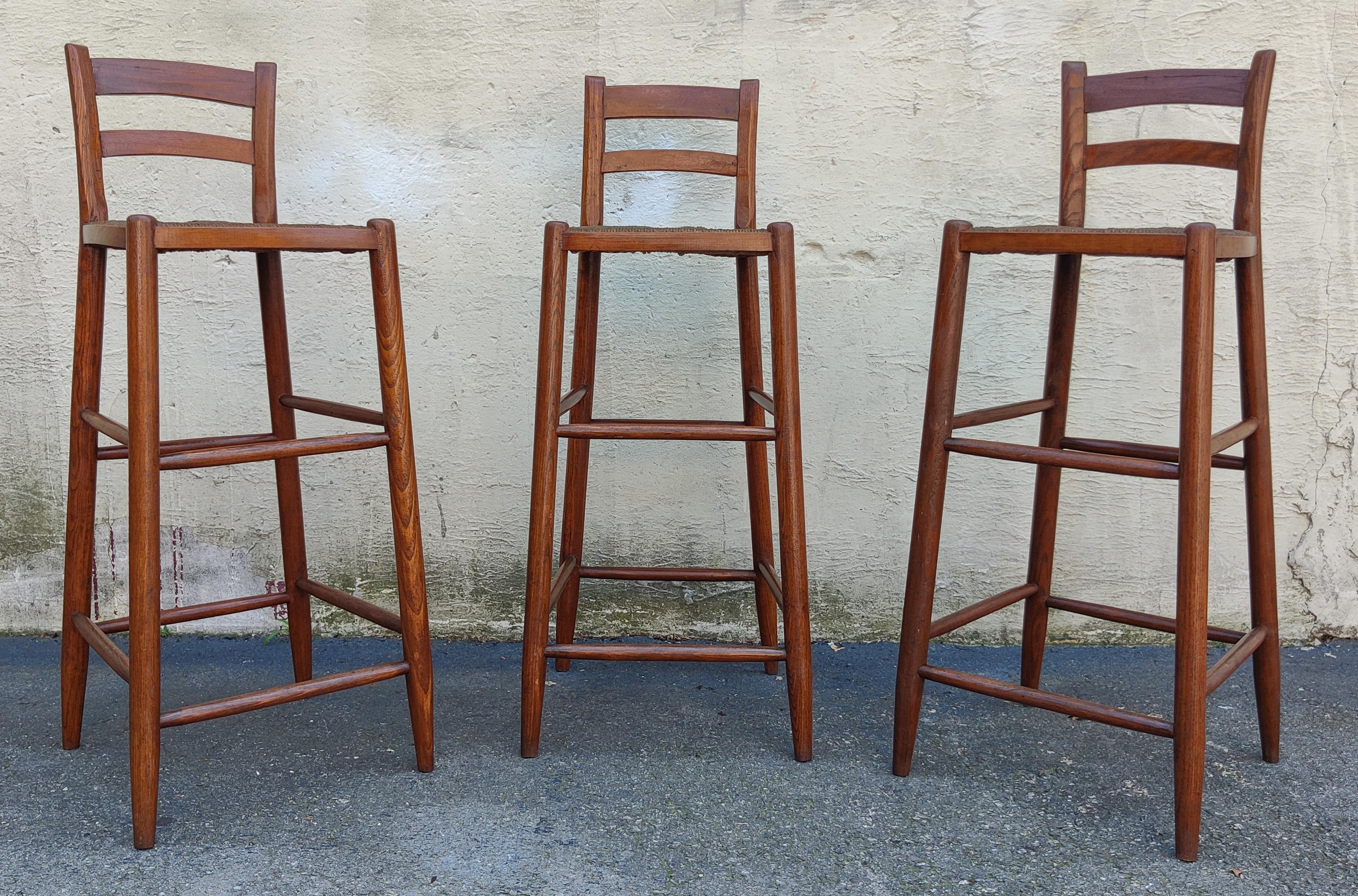 Set of Six Danish Style Oak Frames, Teak Slats, Woven Rush Seats Stools 1970s 1