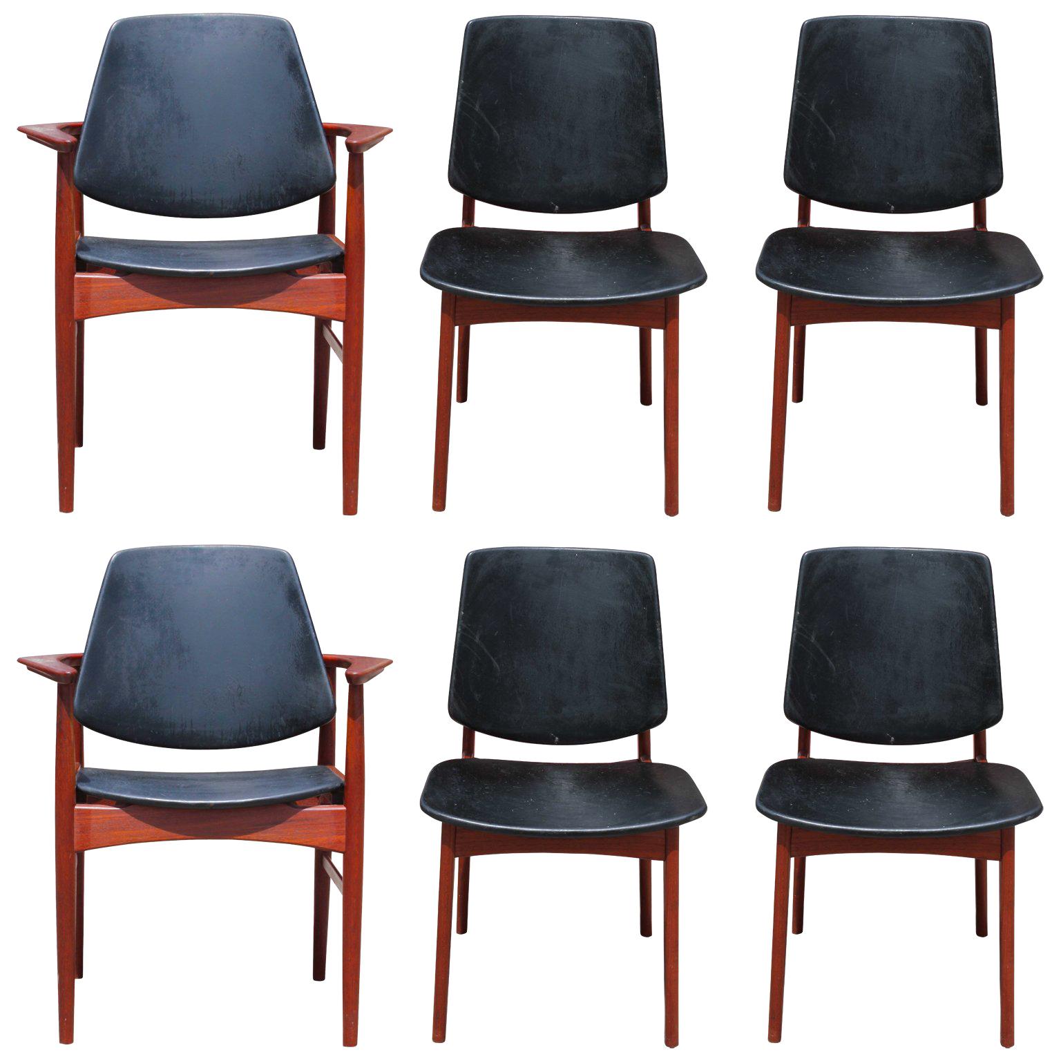 Set of Six Danish Teak and Leather or Lambskin Arne Hovmand-Olsen Dining Chairs