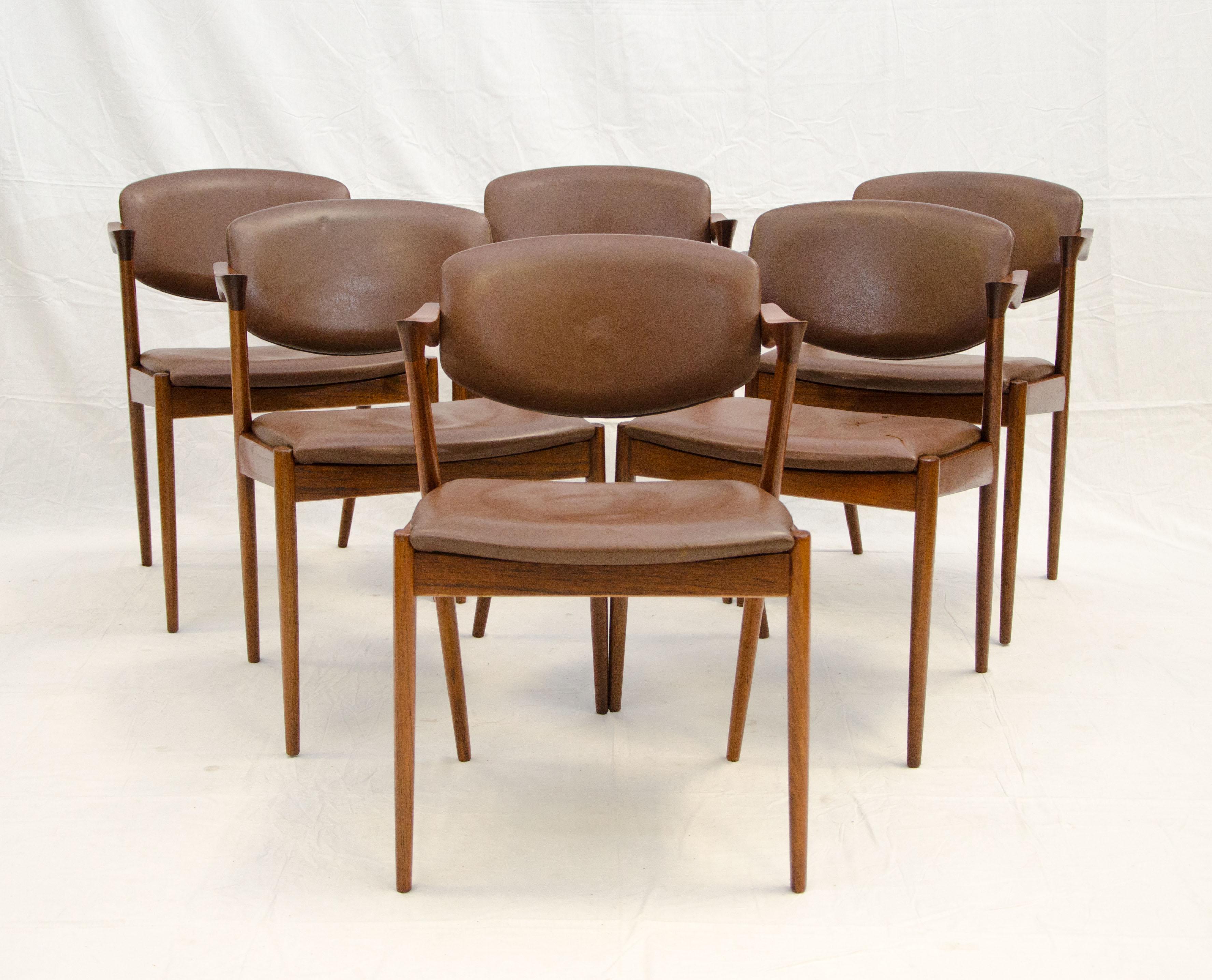 This set of six Danish teak dining chairs are also commonly described as Kai Kristiansen 