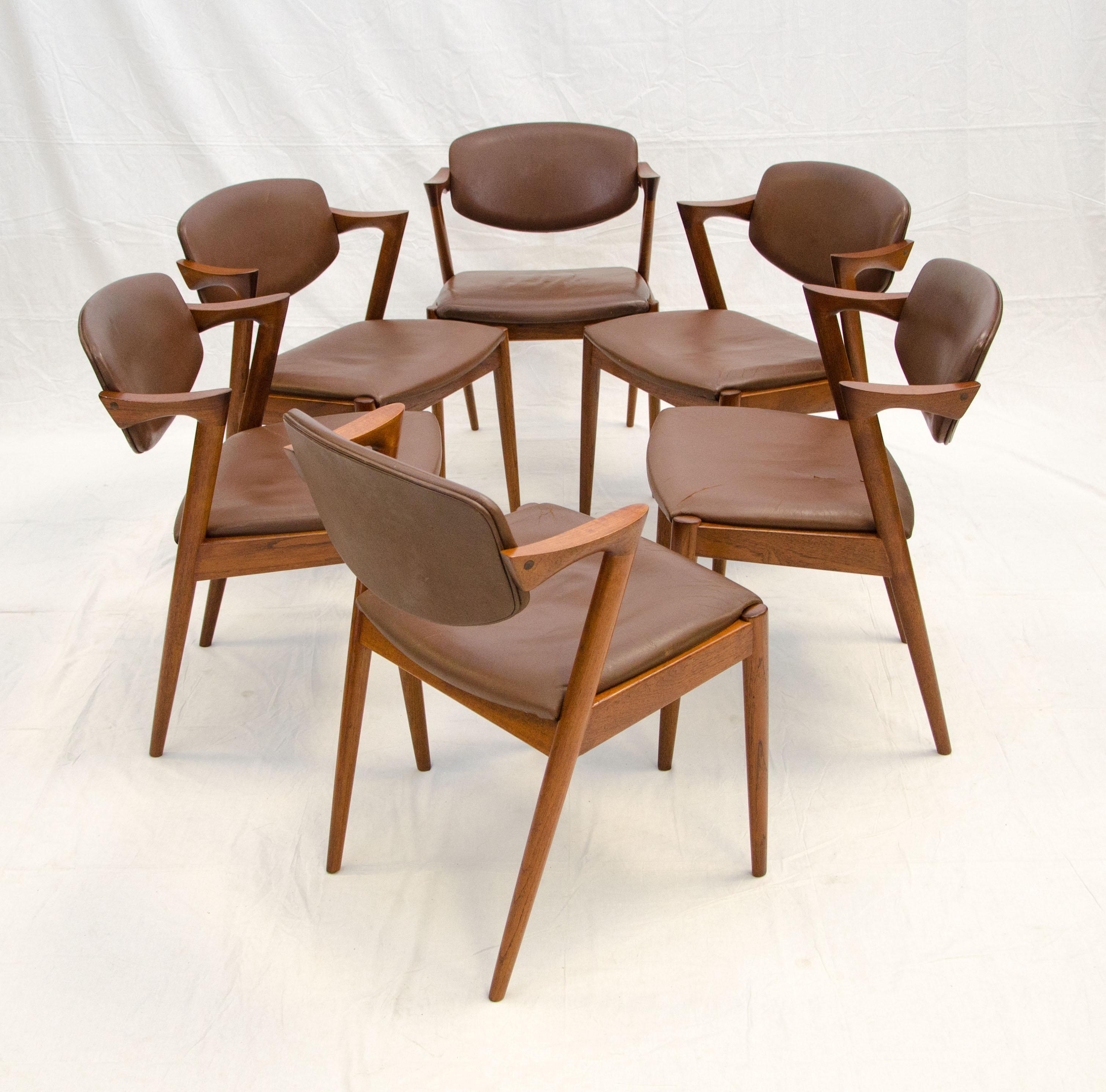 20th Century Set of Six Danish Teak Dining Chairs, Kai Kristiansen, Model 42