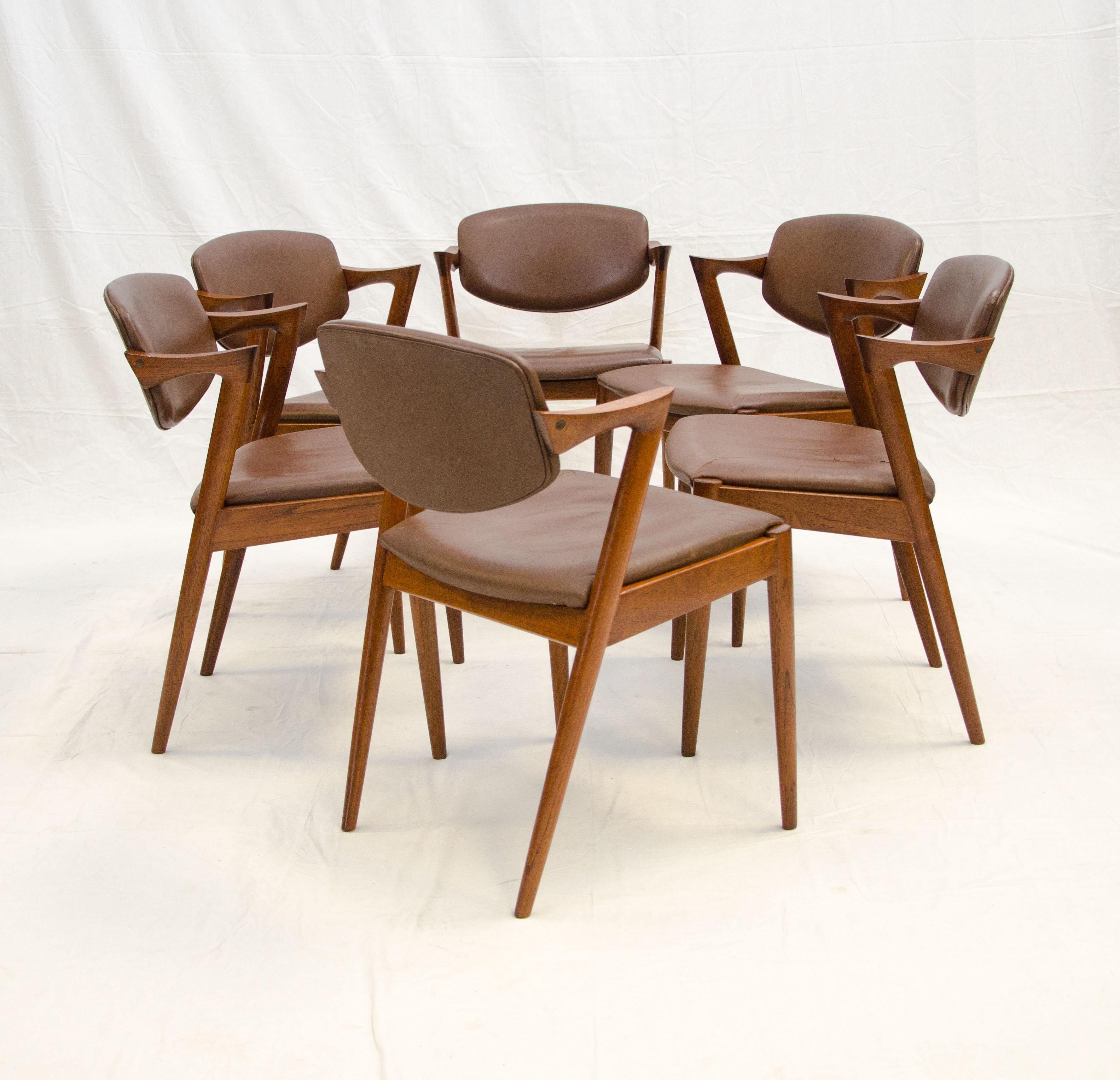 Set of Six Danish Teak Dining Chairs, Kai Kristiansen, Model 42 1