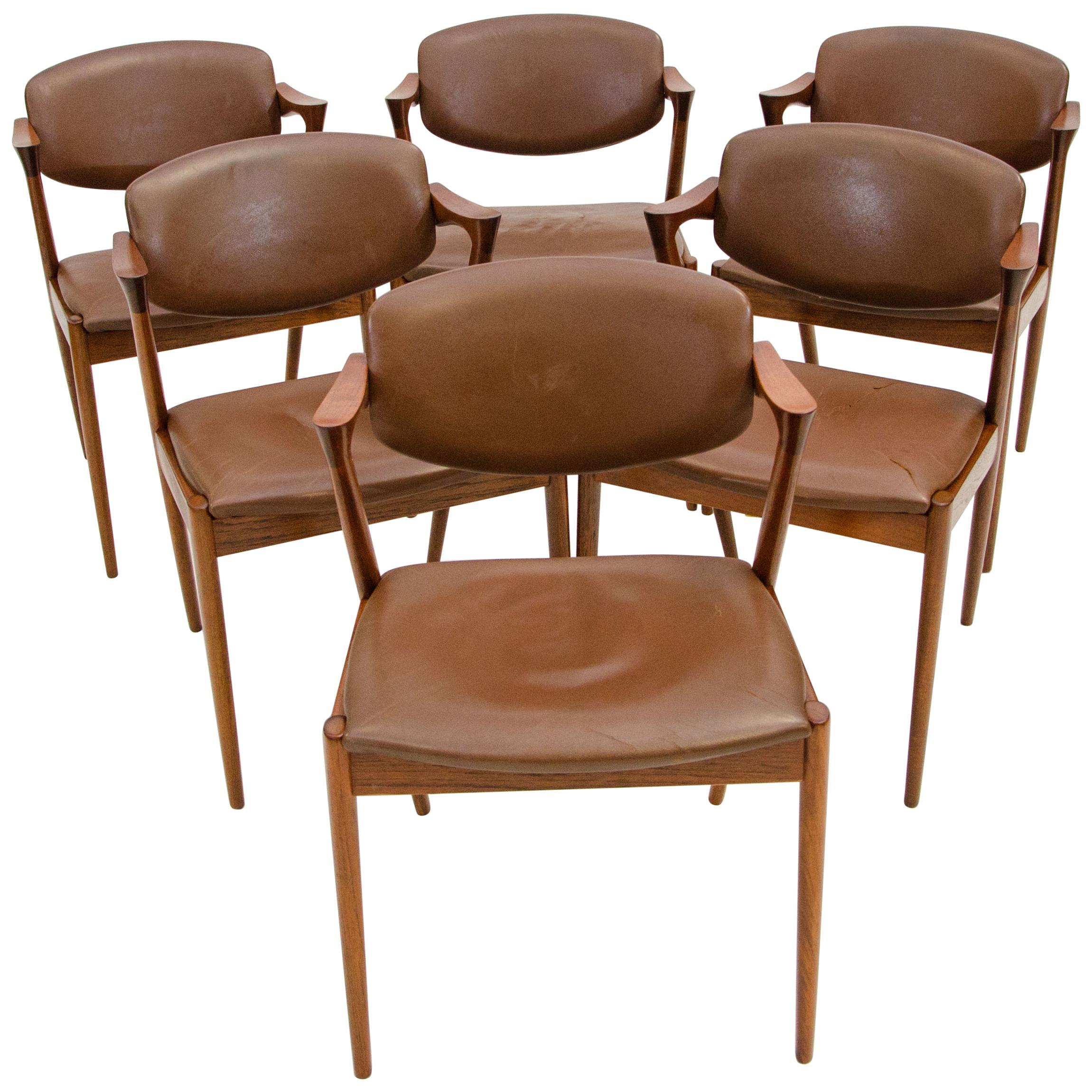 Set of Six Danish Teak Dining Chairs, Kai Kristiansen, Model 42