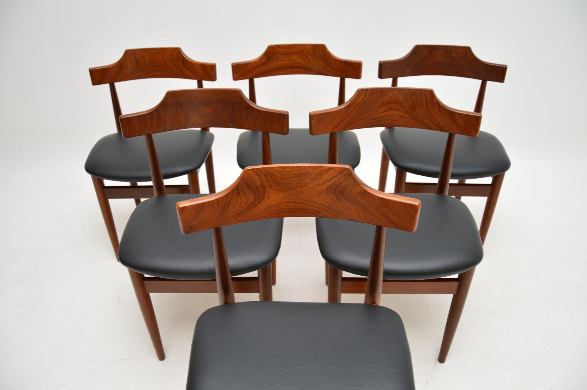 A superb set of six Danish vintage dining chairs by Hans Olsen. They were made in Denmark by Frem Rojle, they date from the 1960’s.

The quality is fantastic, they are beautifully made from solid wood, they are sturdy and supportive. They look great