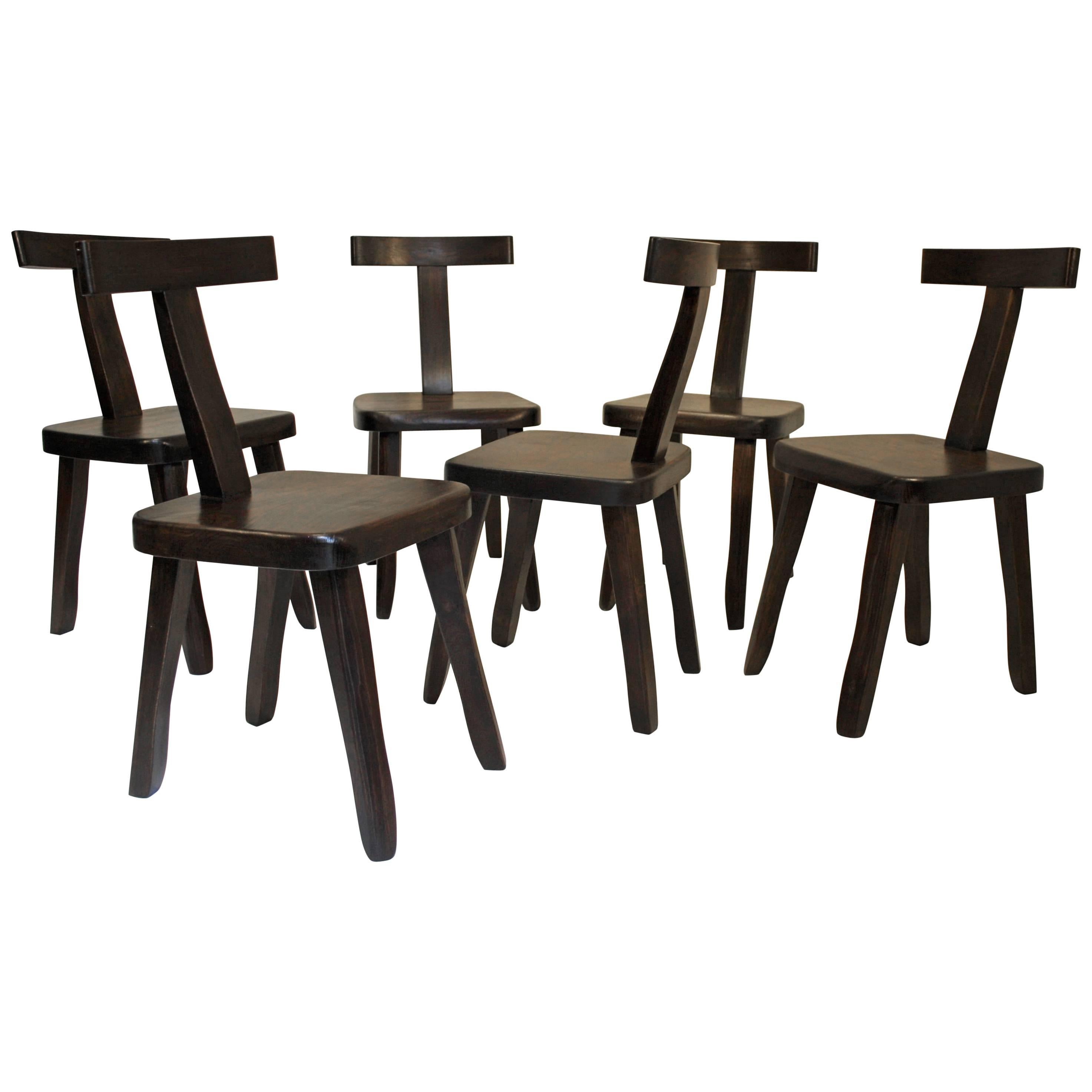 Set of Six Dark Brown Walnut "T" Chairs by Olavi Hänninen