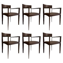 Set of Six Dark Brown Wood and Faux Leather Italian Dining Chairs