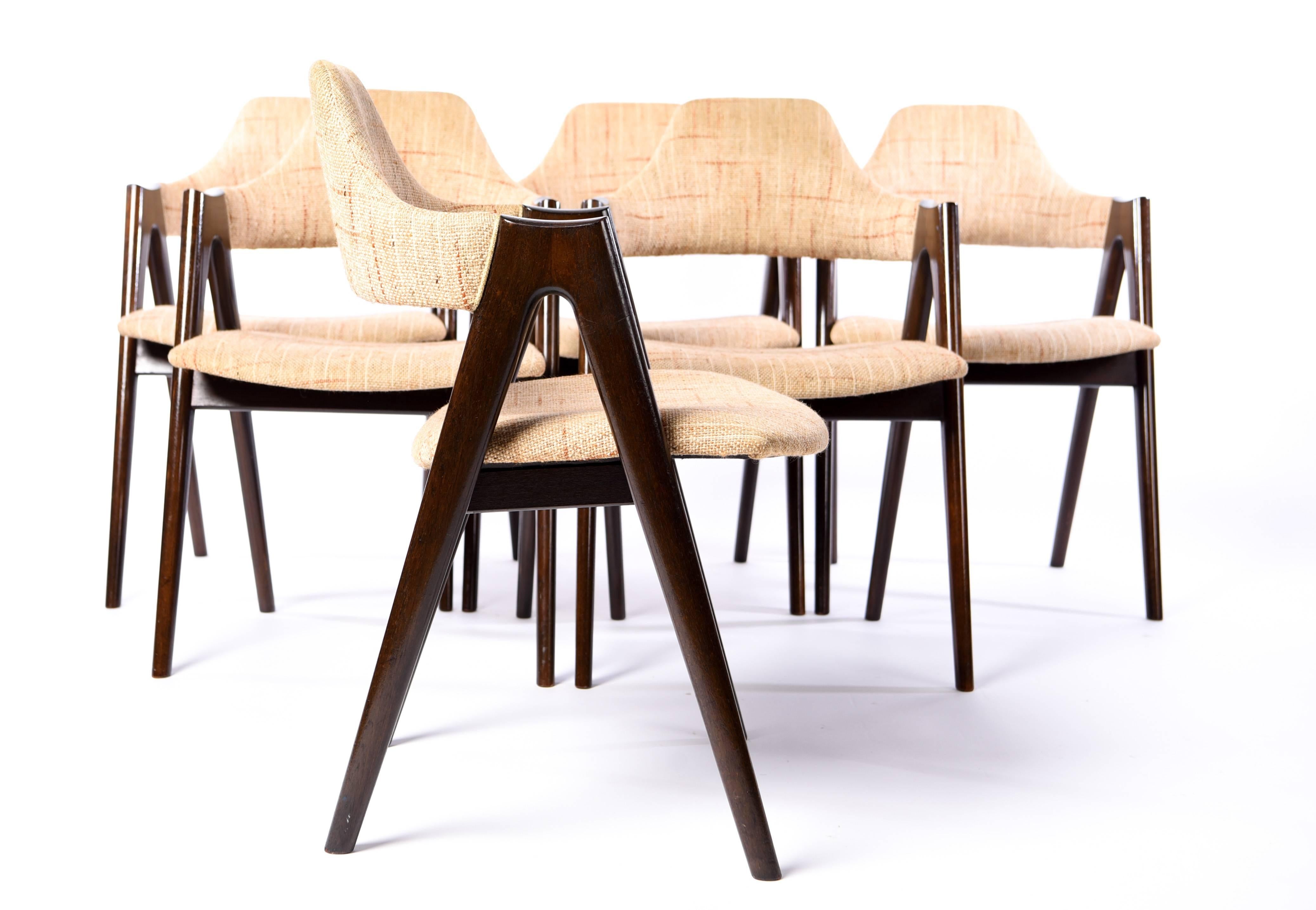 Lacquered Set of Six Dark Oak Compass Armchairs by Kai Kristiansen for Sva Møbler, 1960s