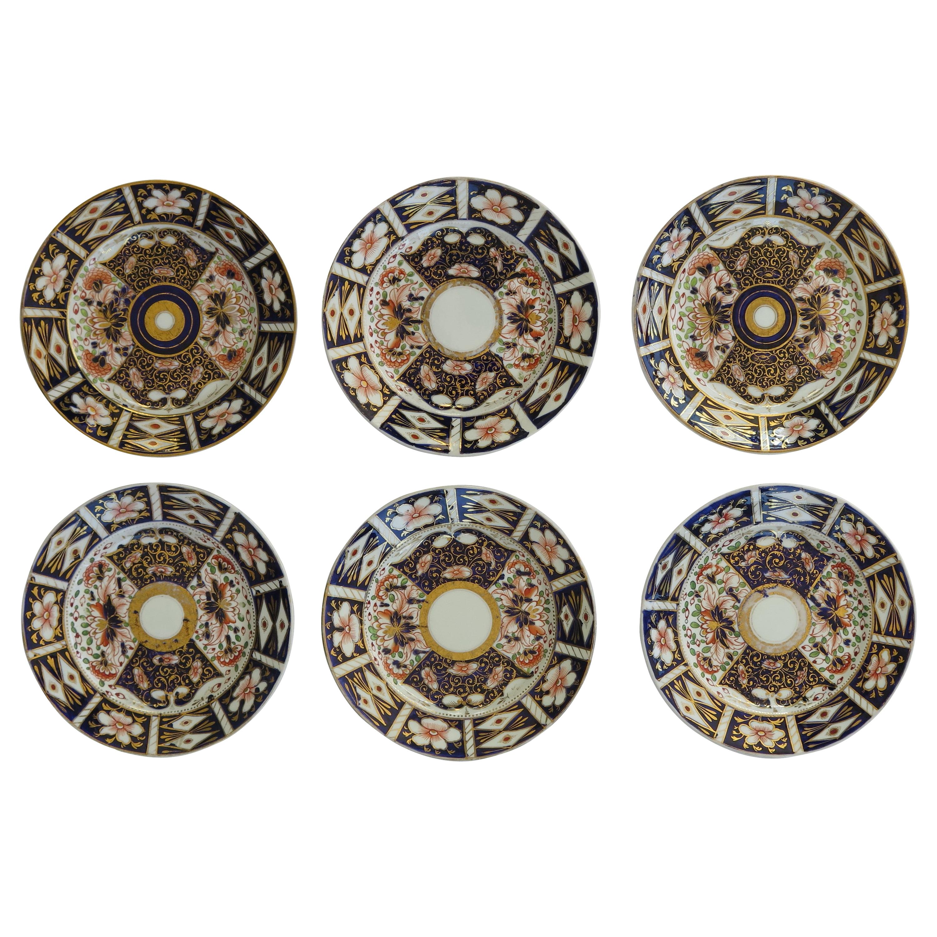 SEIS Platos de Porcelana Davenport Pintados a Mano y con Dibujo Dorado, Circa 1870