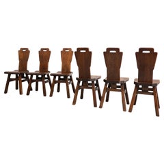 Set of Six De Puydt Style Brutalist High Back Dark Solid Oak Dining Chairs