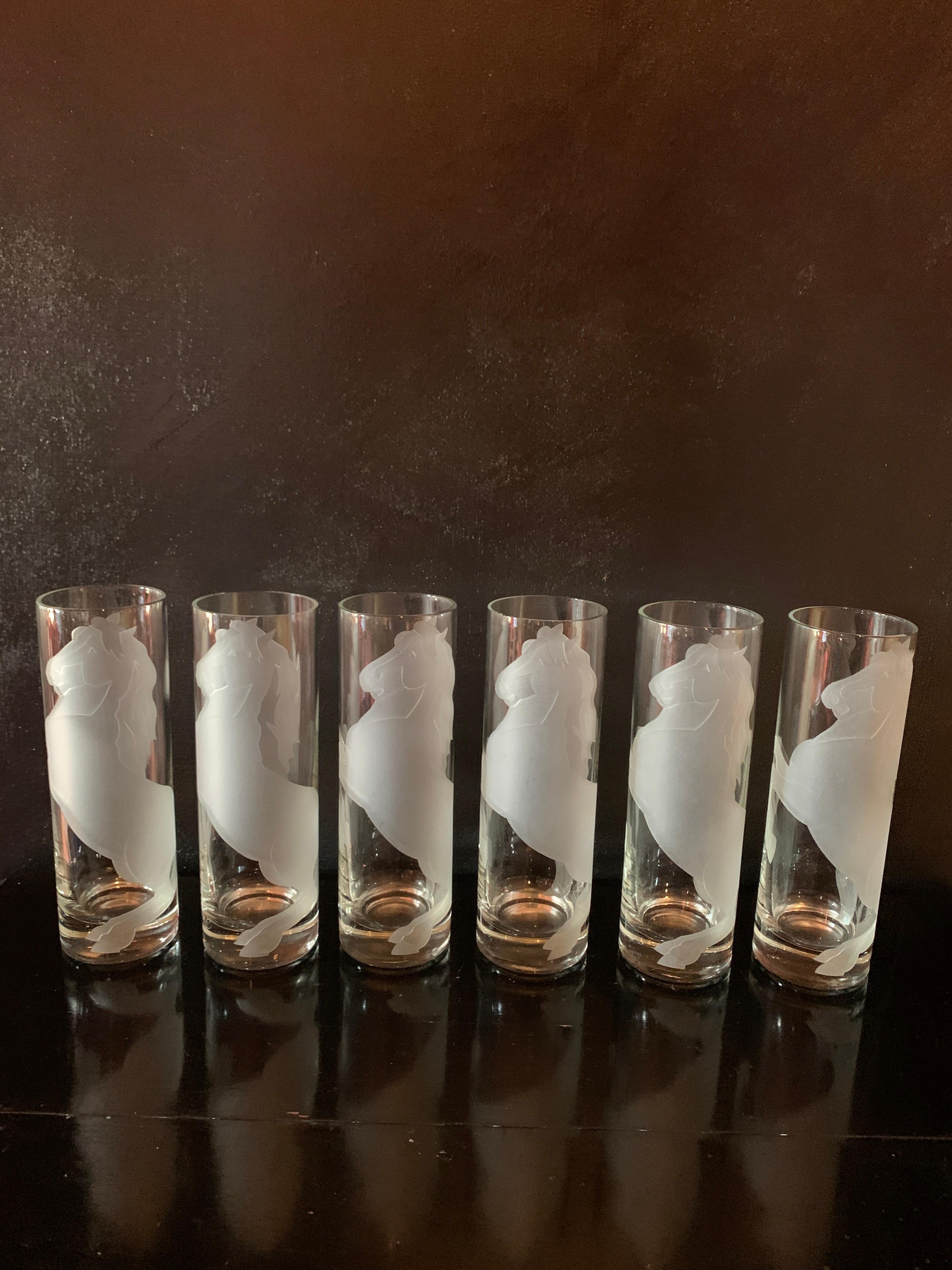 Art Deco Set of Six Deco Horse Etched Cocktail Glasses  For Sale