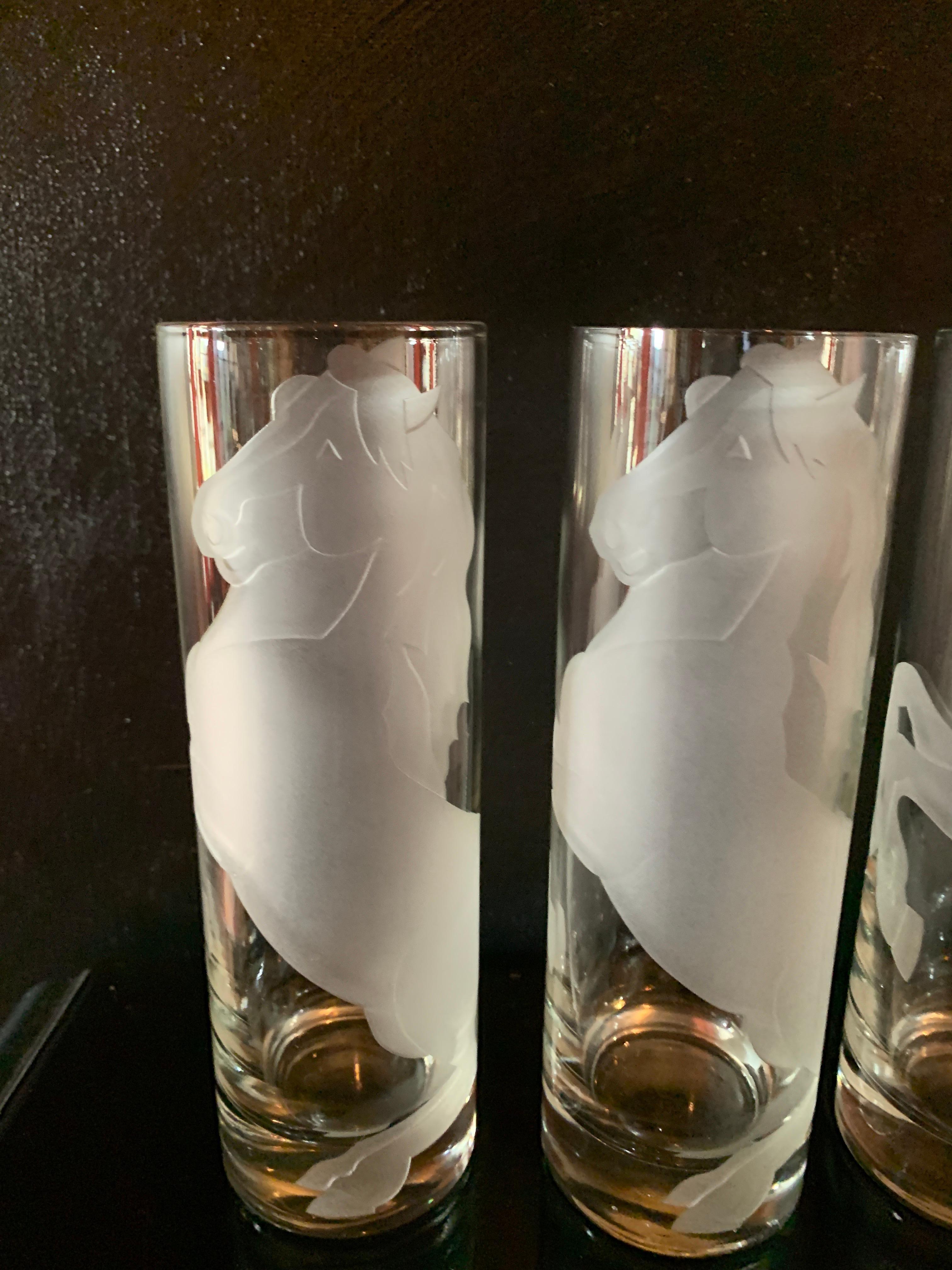 Set of Six Deco Horse Etched Cocktail Glasses  In Good Condition For Sale In Los Angeles, CA