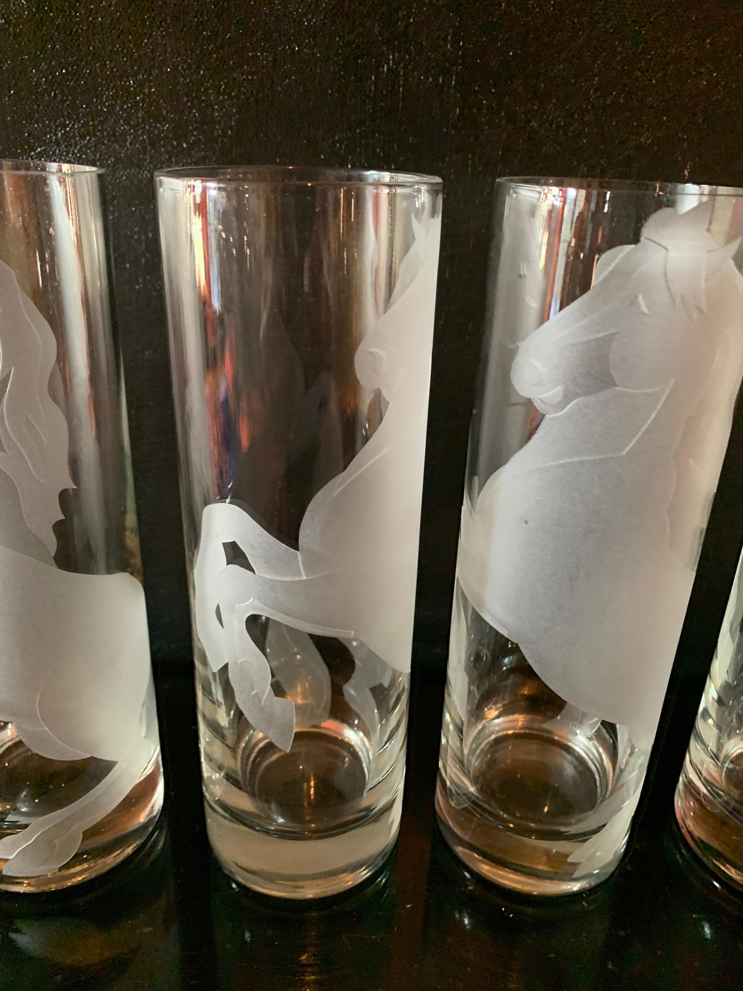 20th Century Set of Six Deco Horse Etched Cocktail Glasses  For Sale