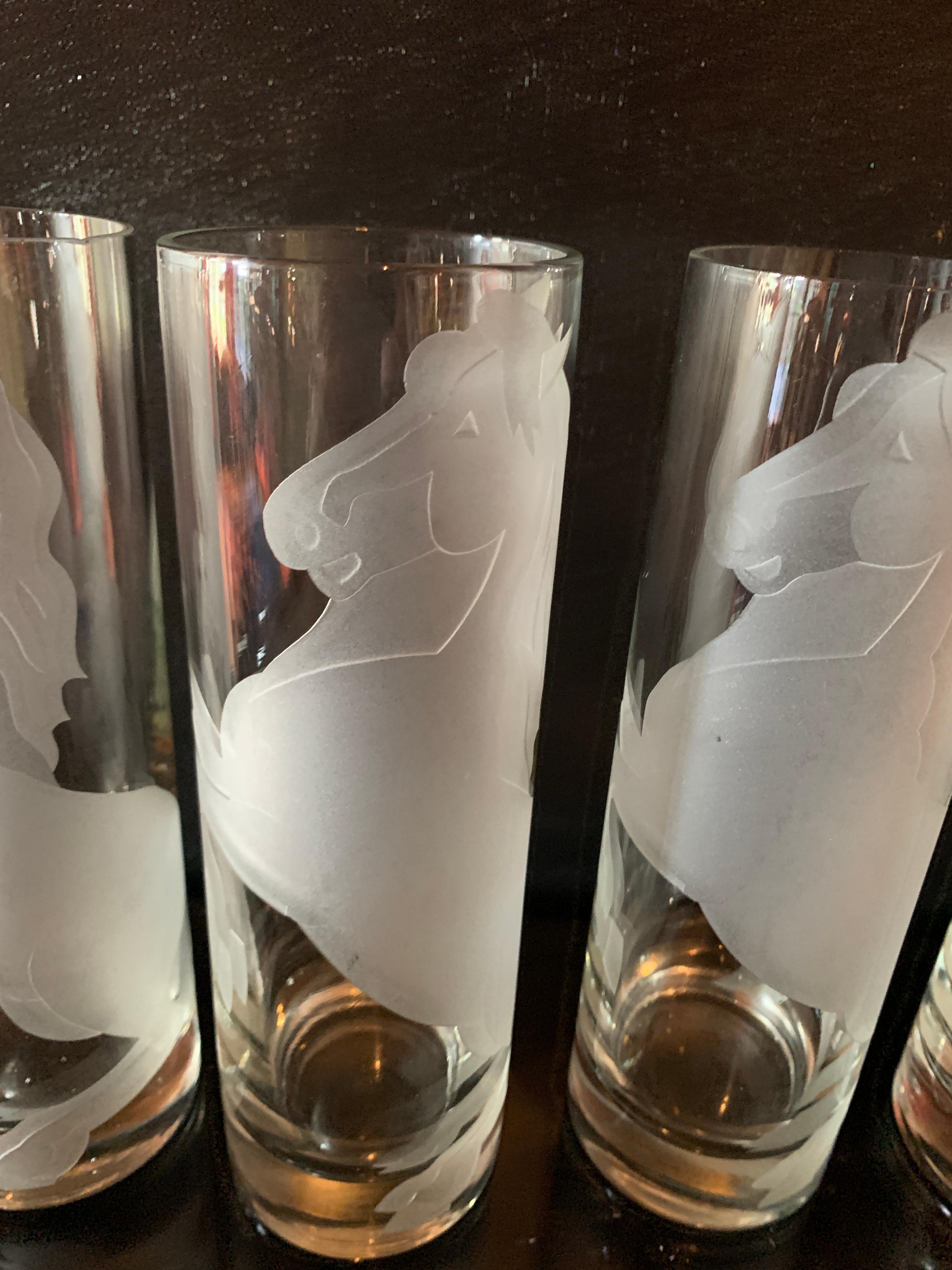 Set of Six Deco Horse Etched Cocktail Glasses  For Sale 1