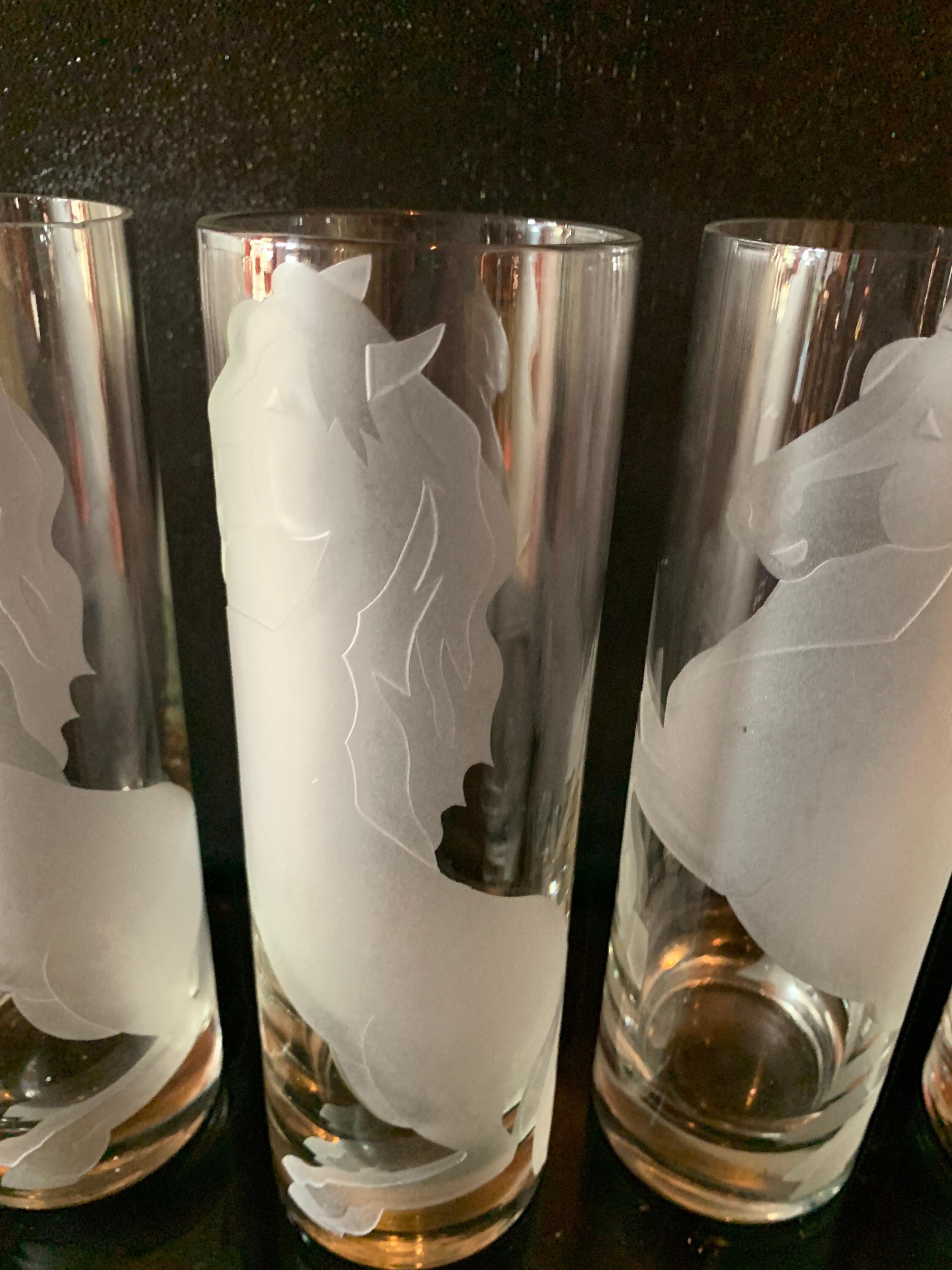 Set of Six Deco Horse Etched Cocktail Glasses  For Sale 2