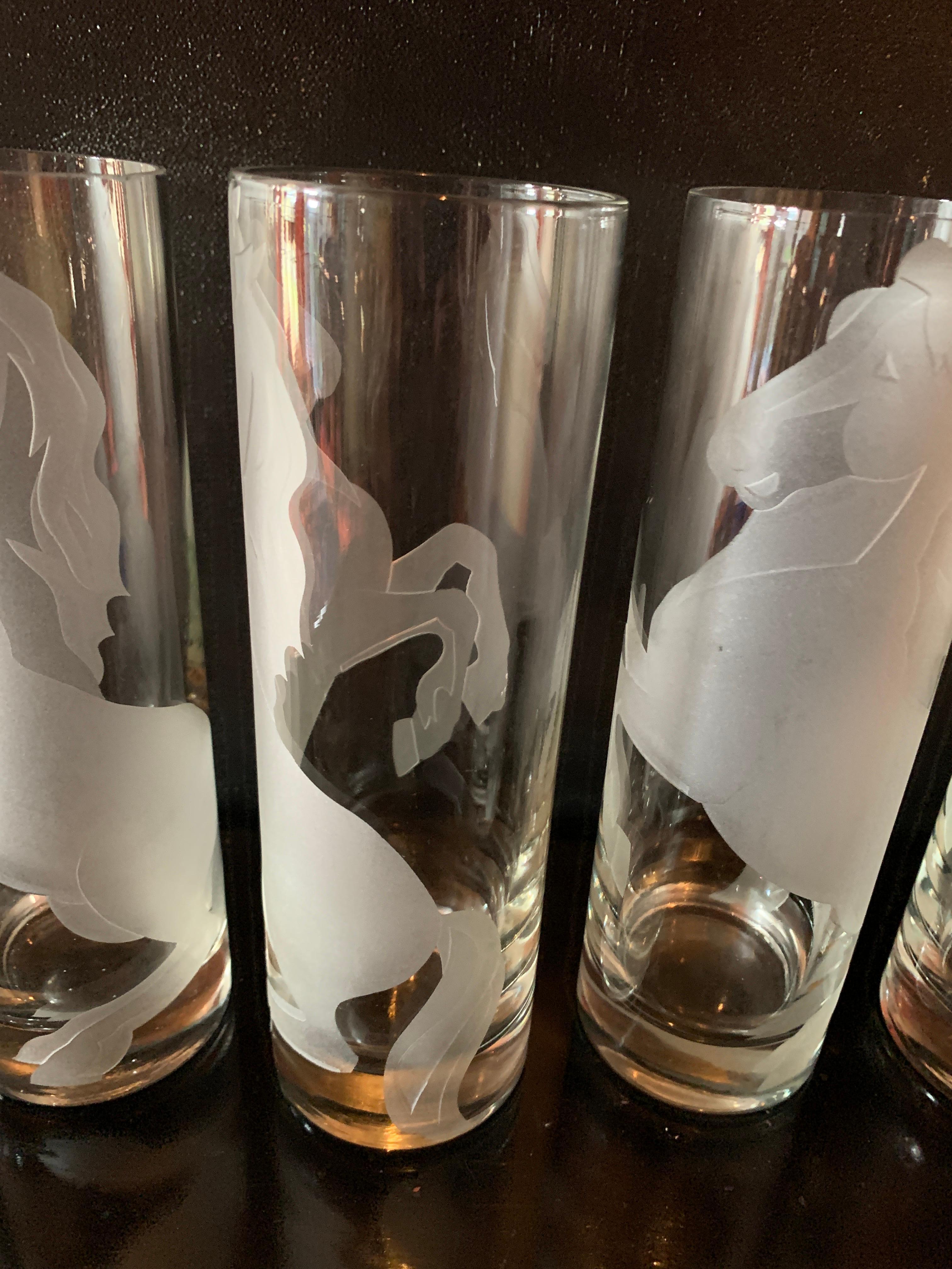 Set of Six Deco Horse Etched Cocktail Glasses  For Sale 3