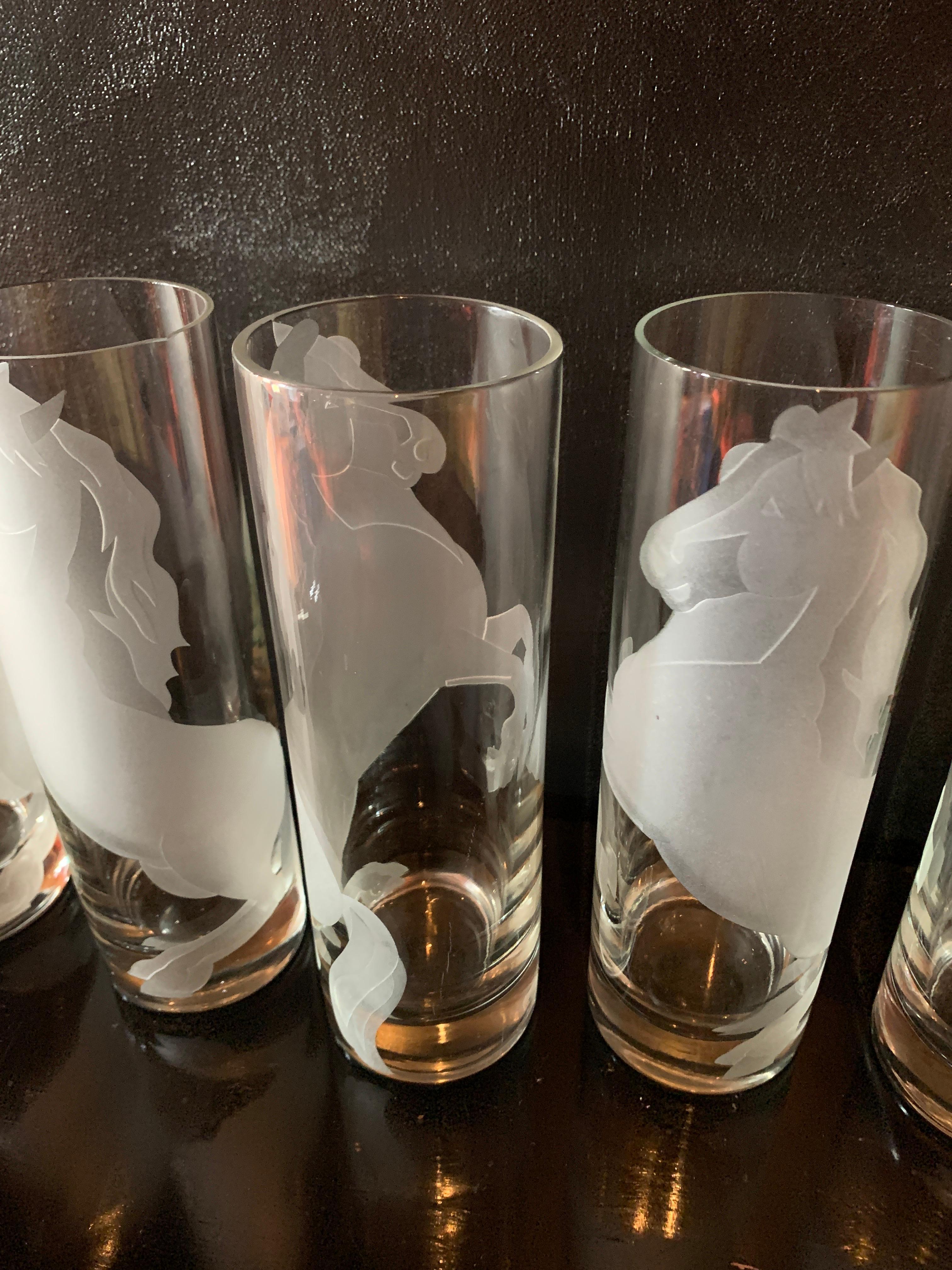 Set of Six Deco Horse Etched Cocktail Glasses  For Sale 4