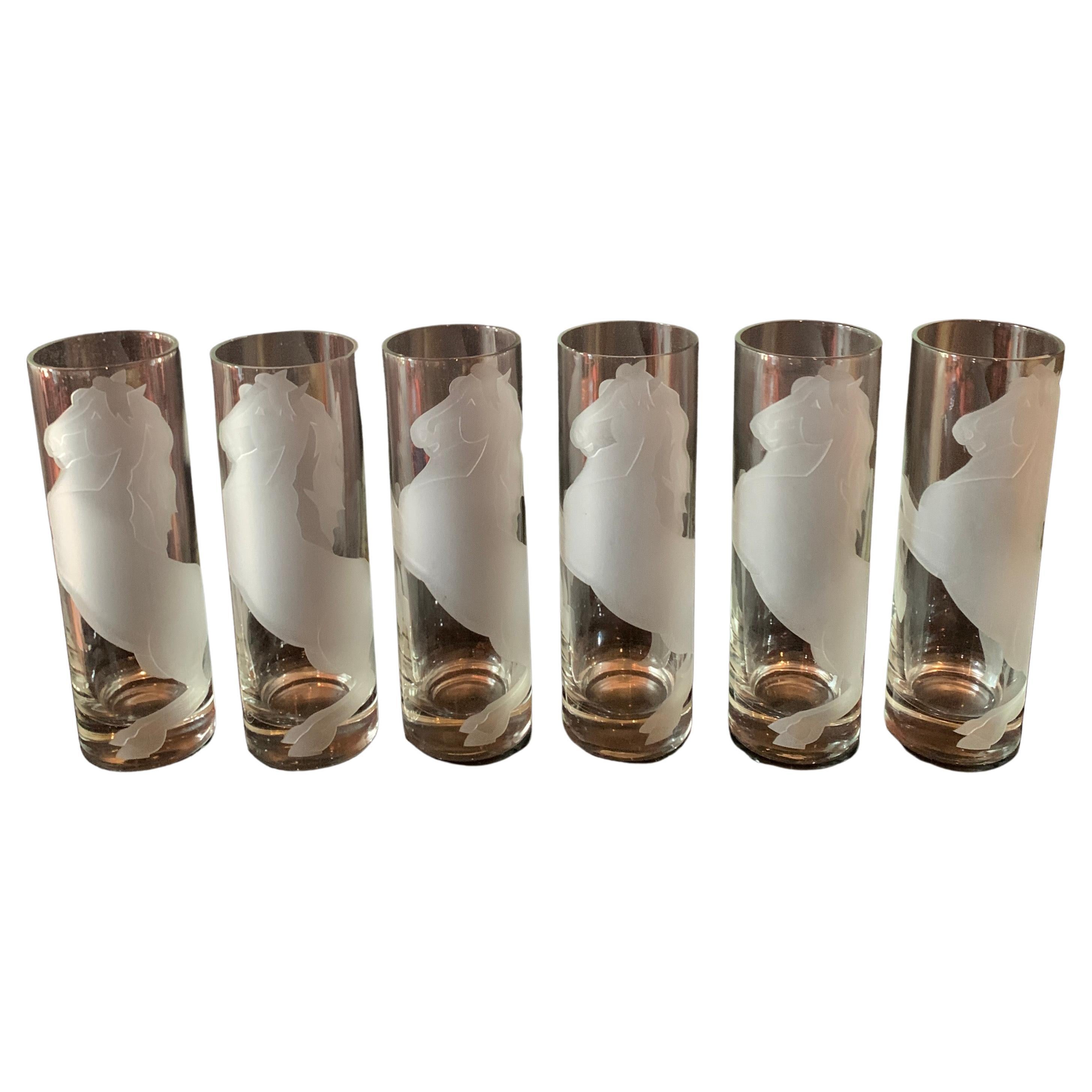 Set of Six Deco Horse Etched Cocktail Glasses 