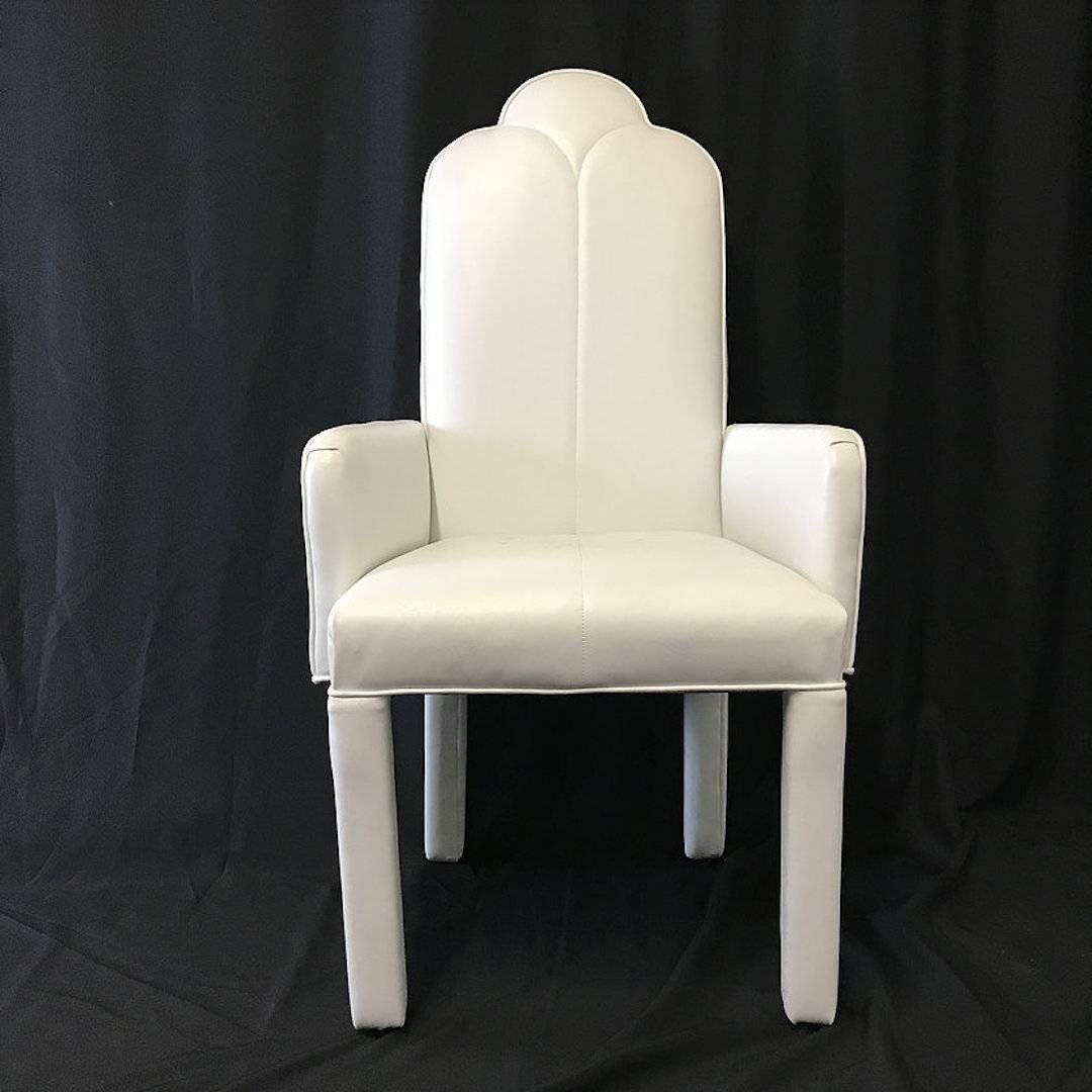 Mid-Century Modern Set of Six Deco Parson Style White Vinyl Dining Chairs