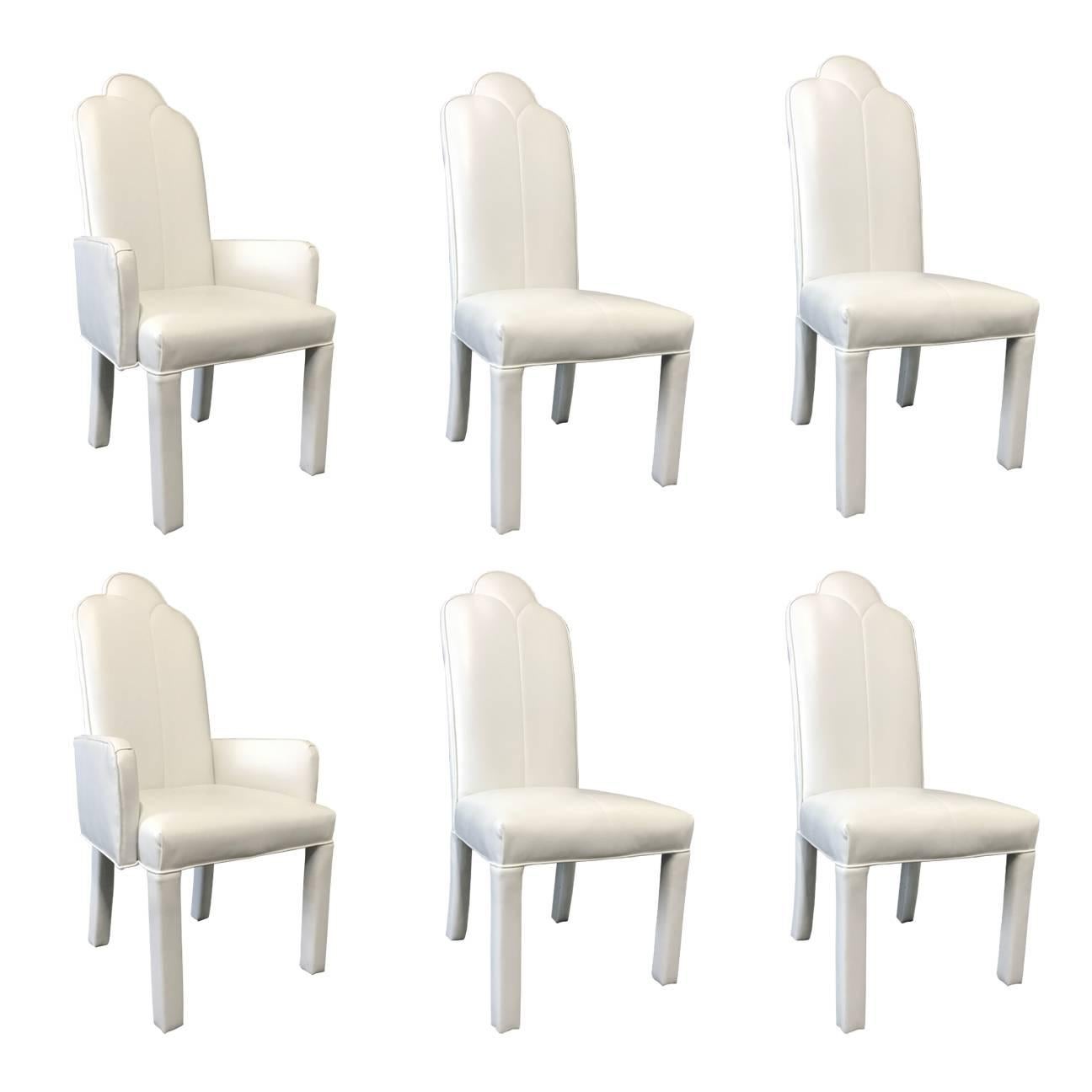 Set of Six Deco Parson Style White Vinyl Dining Chairs