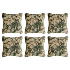 Set of Six Decorative Cushions in Green Patterned Fabric