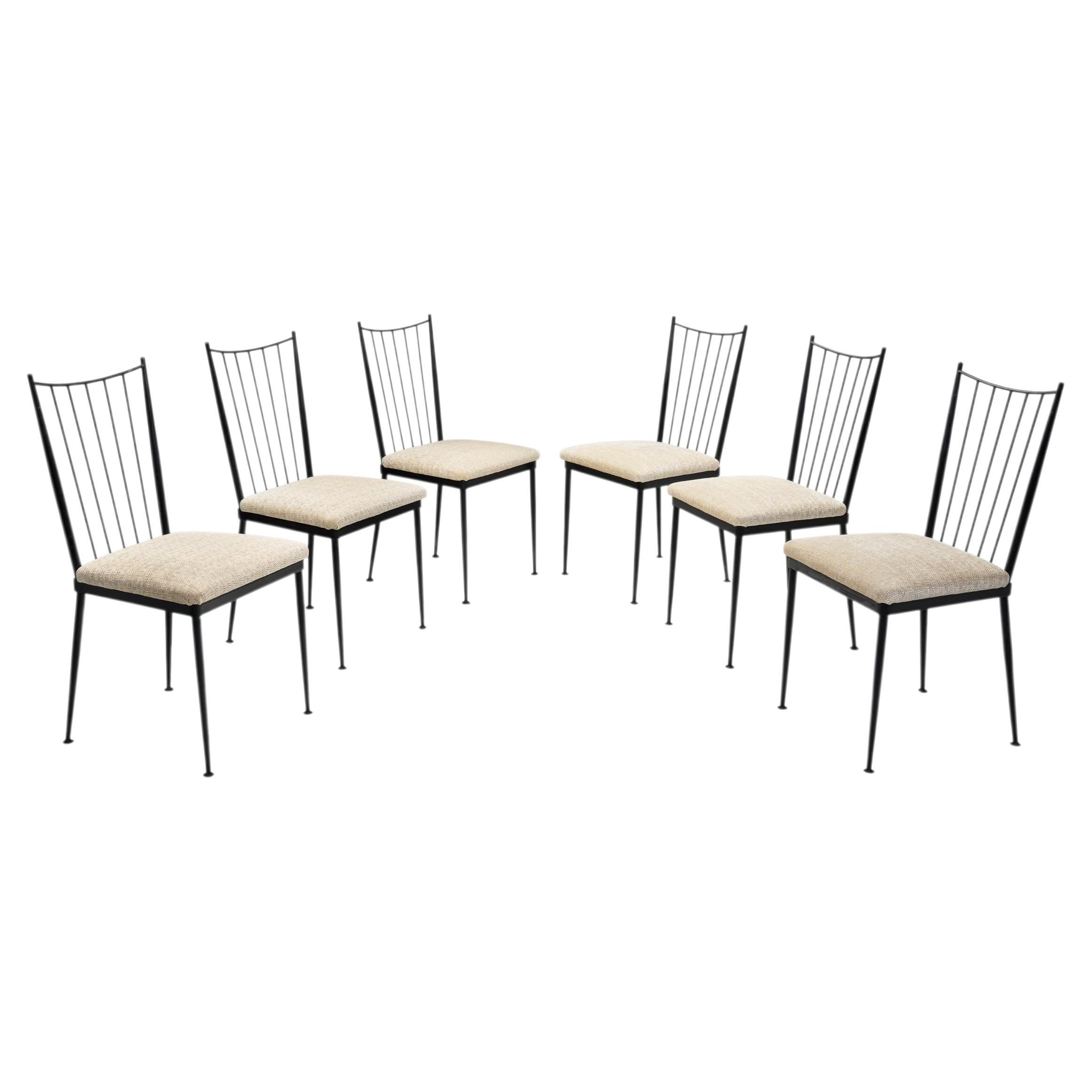 Set of Six Decorative Lacquered Metal Dining Chairs, France 1950s