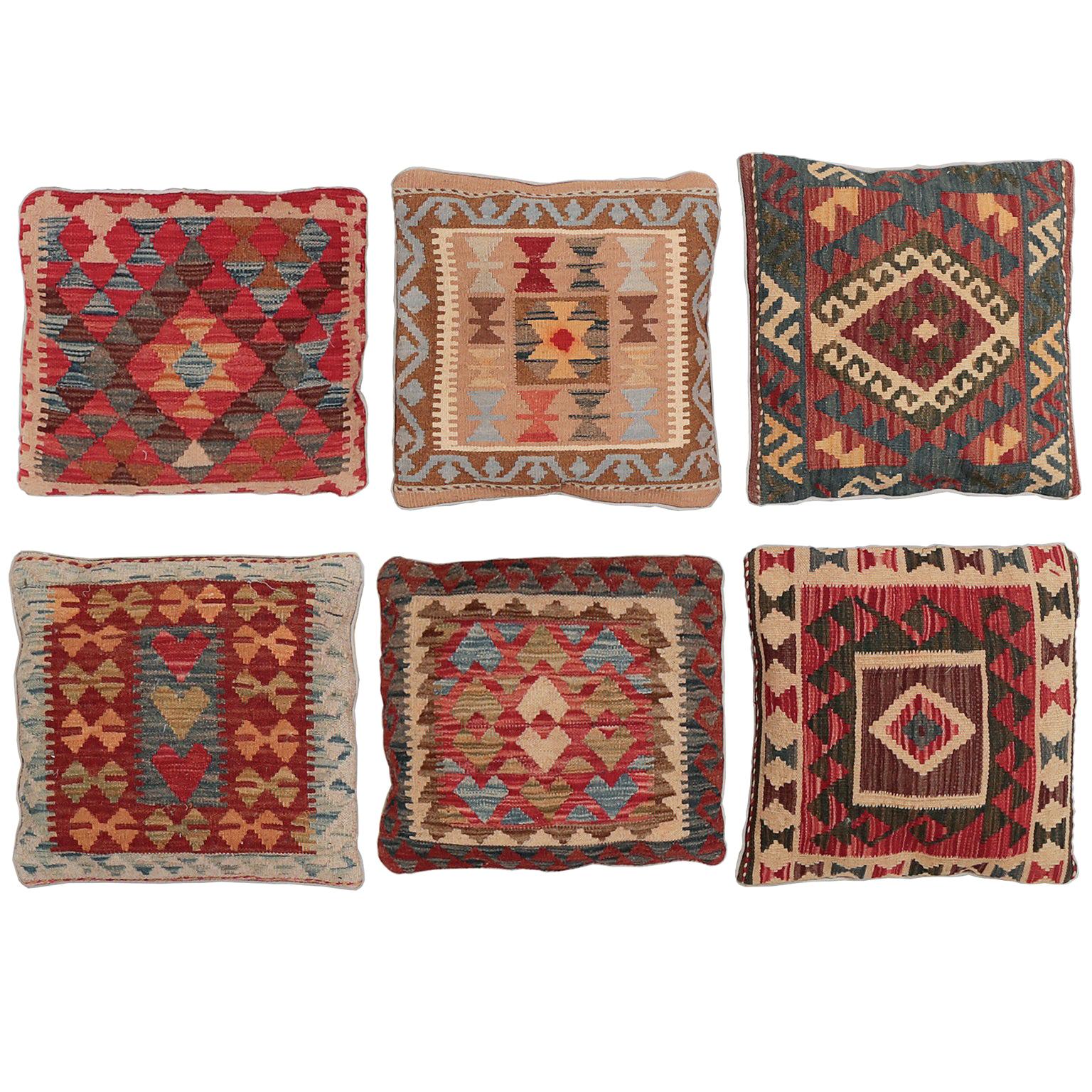 Set of Six Decorative Pillows, Vintage Kilim Pilows