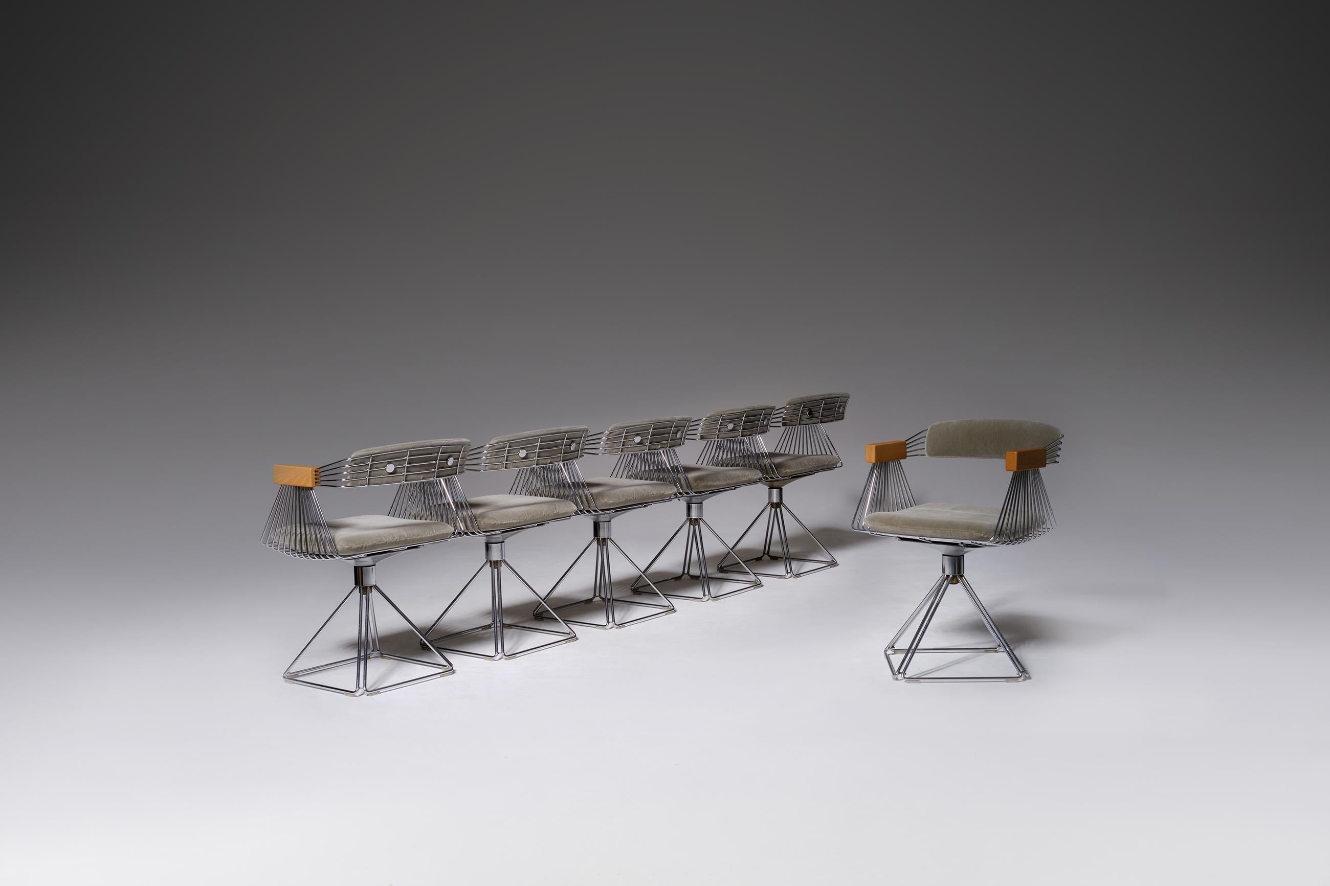 Set of six chrome ‘Delta’ chairs by Rudi Verelst for Novalux, Belgium 1971. Outstanding cubic design on a chromed Pyramid swivel base, re-upholstered in a high quality soft eucalyptus (greyish green) colored mohair and have nice contrasting beech