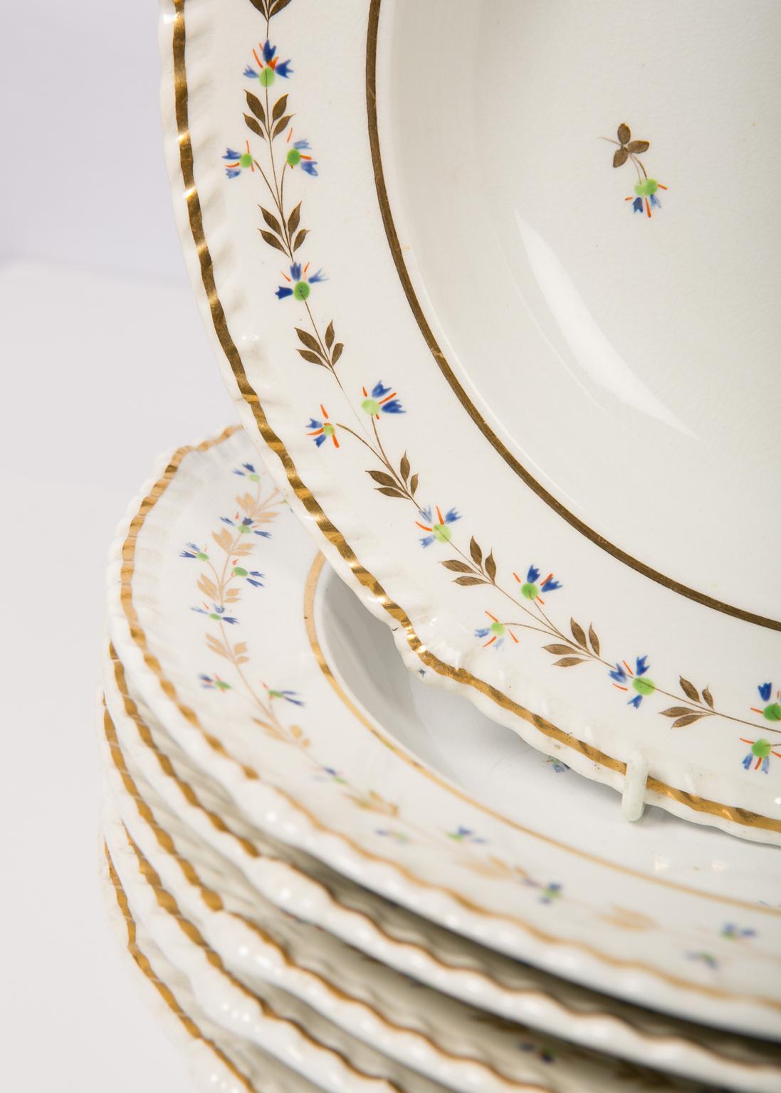 Porcelain Set of Six Derby Sprig Decorated Soup Bowls