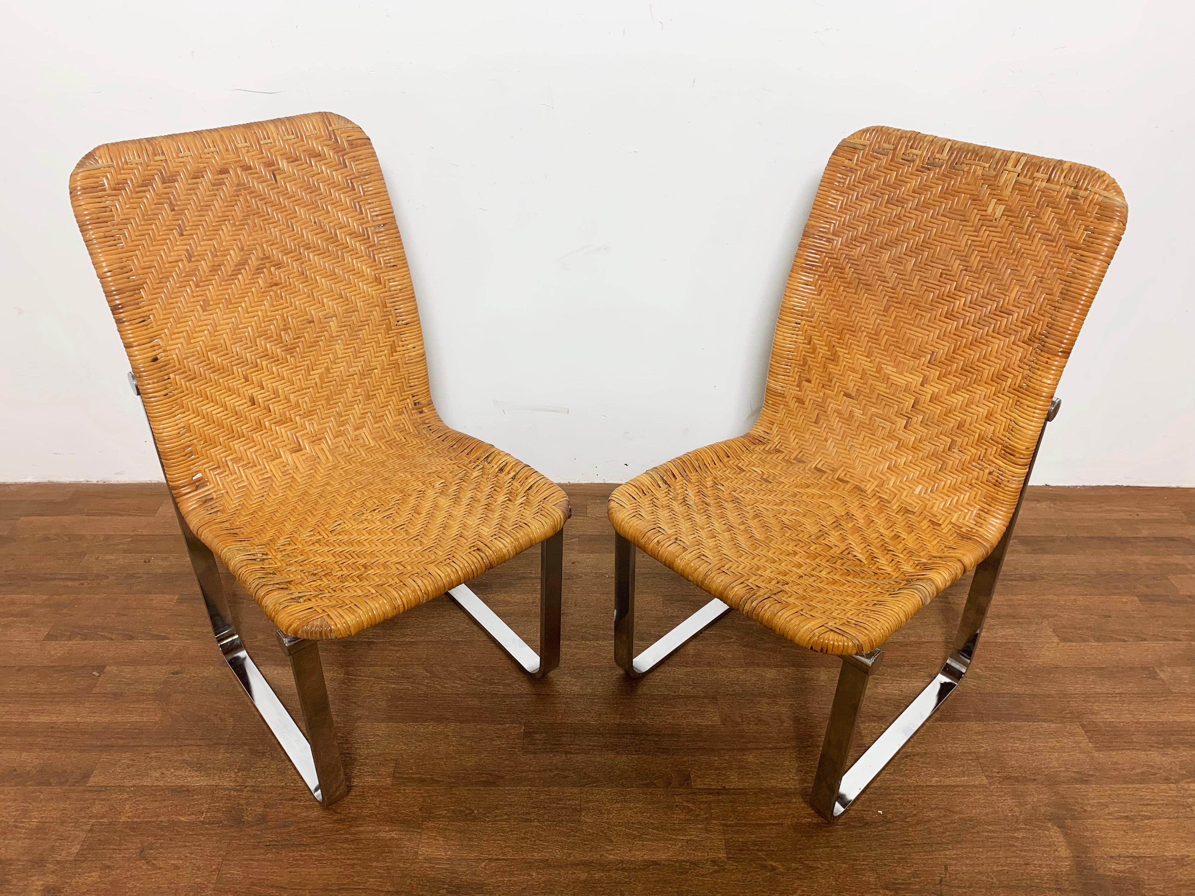Set of Six Design Institute America Woven Rattan & Chrome Dining Chairs C. 1970s In Good Condition In Peabody, MA