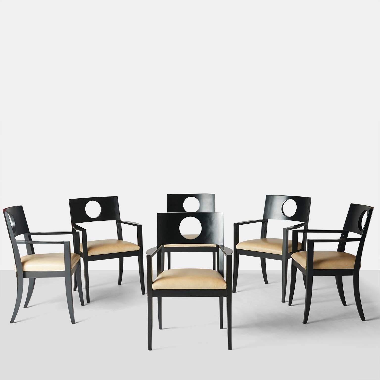 Set of six dining armchairs by Michael Graves.
A very rare set of six armchairs designed by Michael Graves and manufactured by Atelier International. The frame is a matte black lacquer and seats have been upholstered in a faux leather,
USA, circa