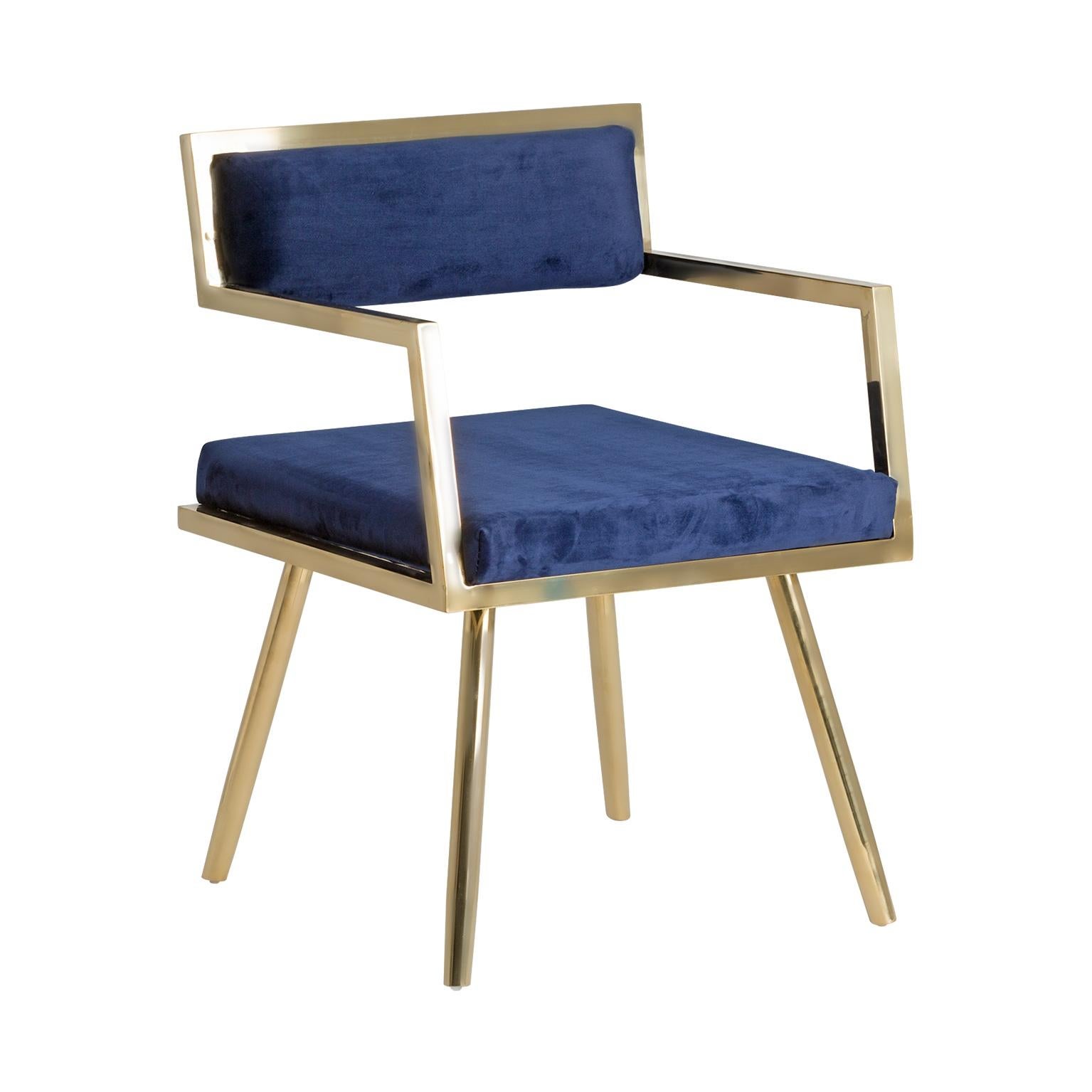 Contemporary Set of Six Dining Armchairs in Deep Blue Velvet and Gilded Metal