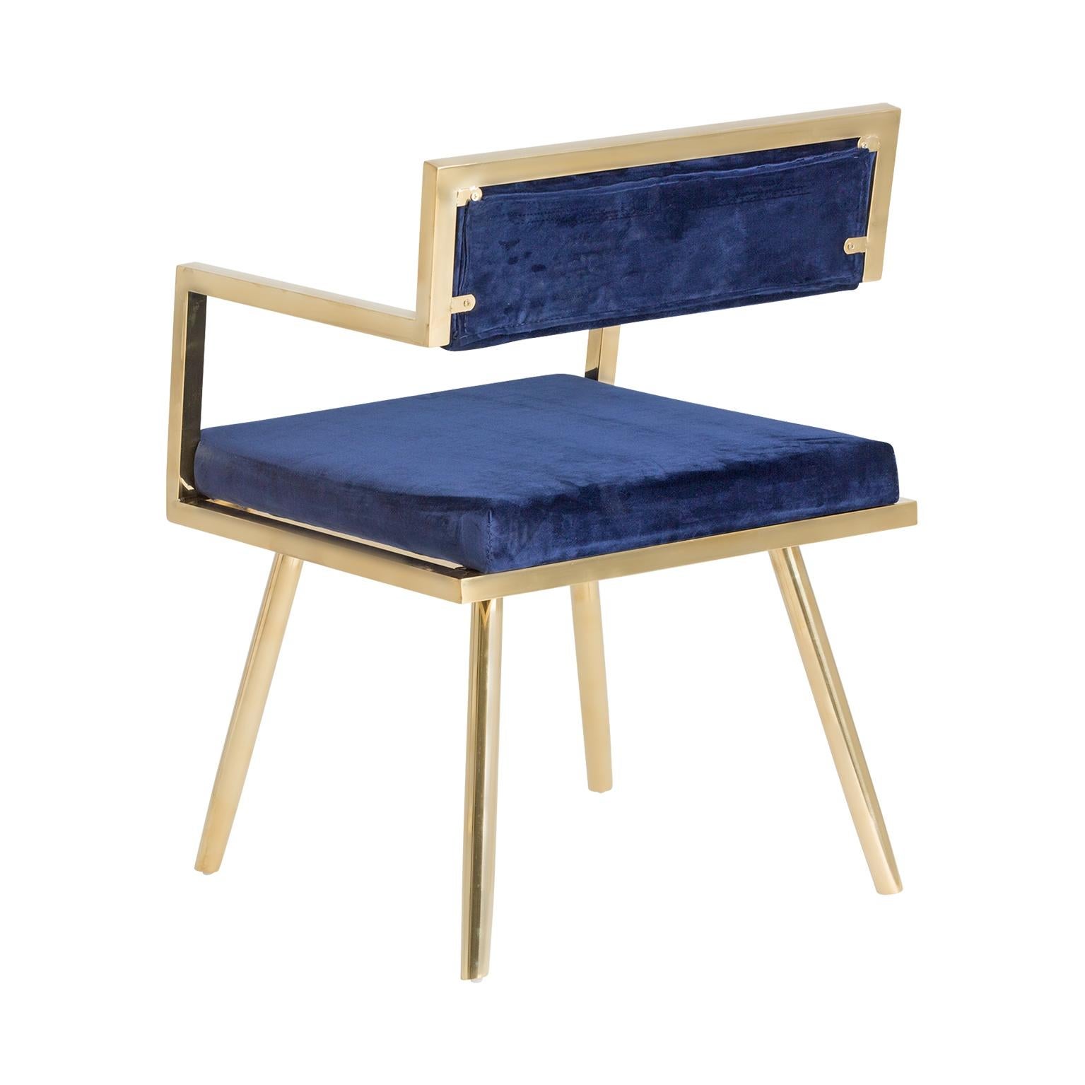 Brass Set of Six Dining Armchairs in Deep Blue Velvet and Gilded Metal